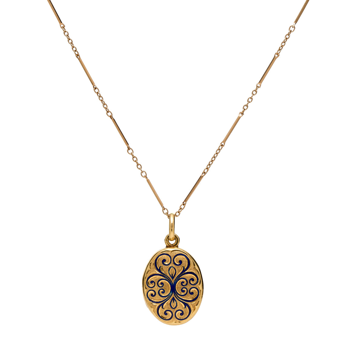 Antique Victorian 18k Petite Oval Blue Enamel Scroll Locket Pendant