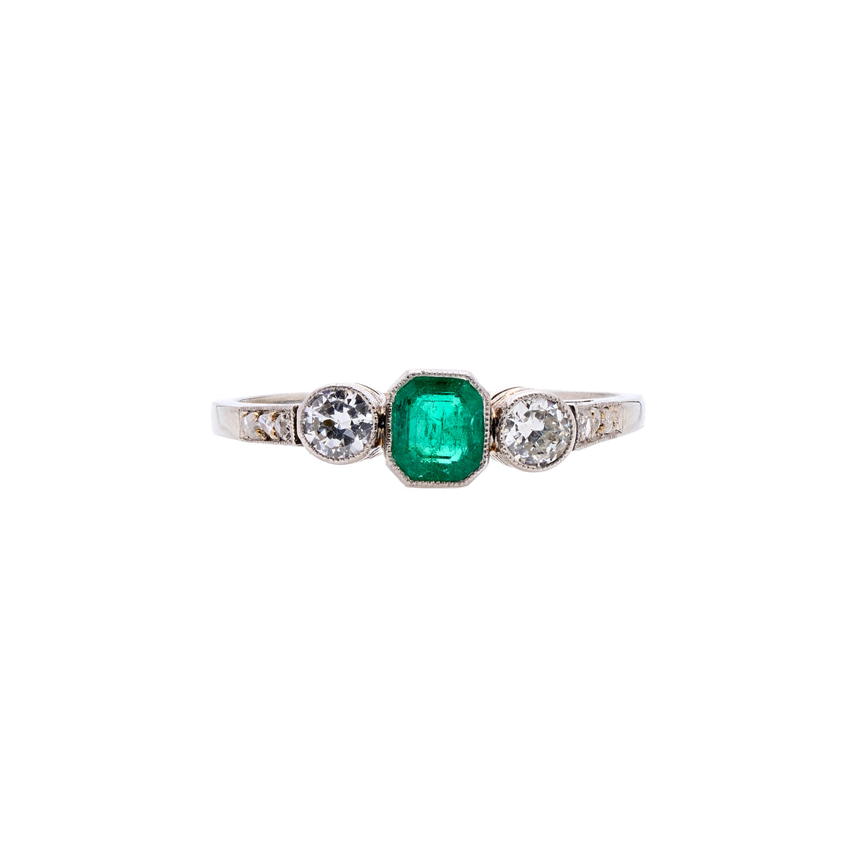 Antique Edwardian Platinum, Emerald & Double Diamond Ring