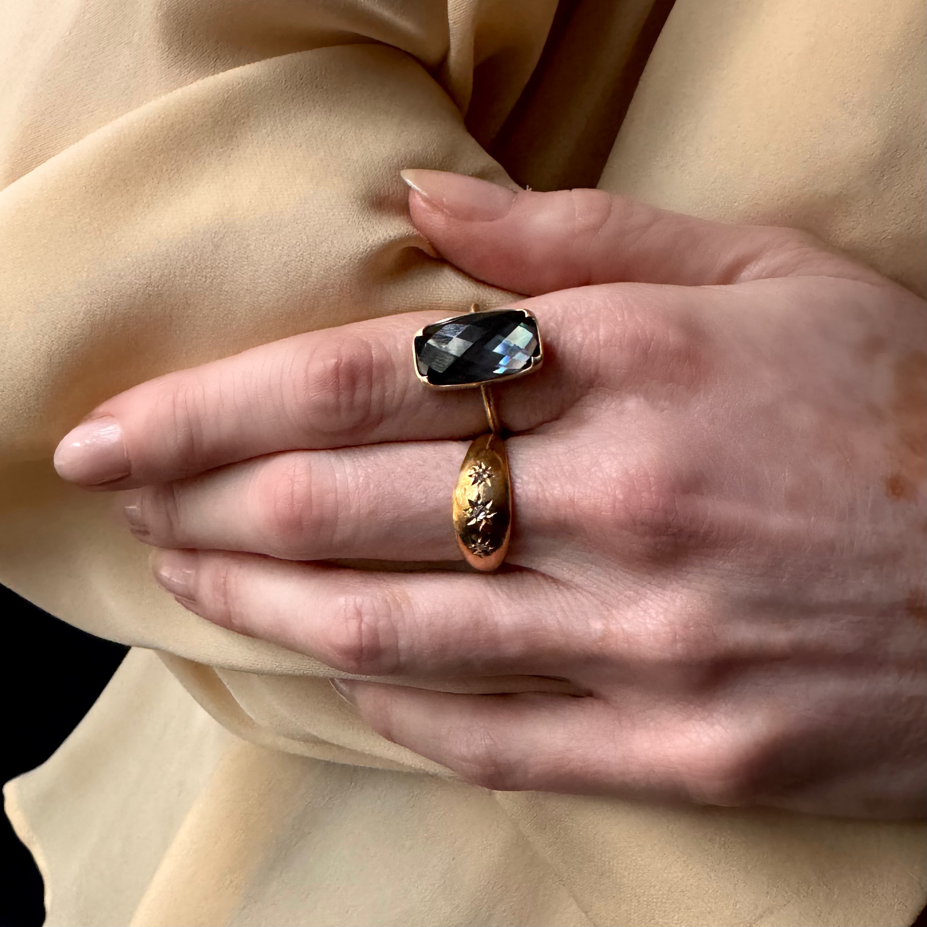 Gabriella Kiss 18k Long Cushion Blue Topaz over Hematite Ring