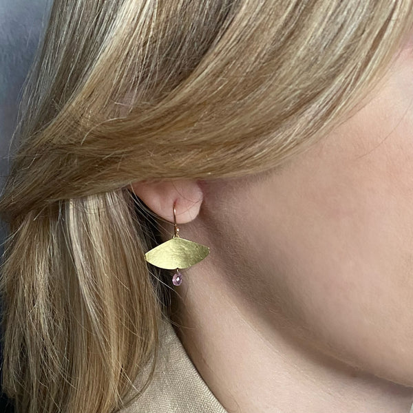 Gabriella Kiss 18k Hammered Fan Shape with a Pink Sapphire Drop Earrings