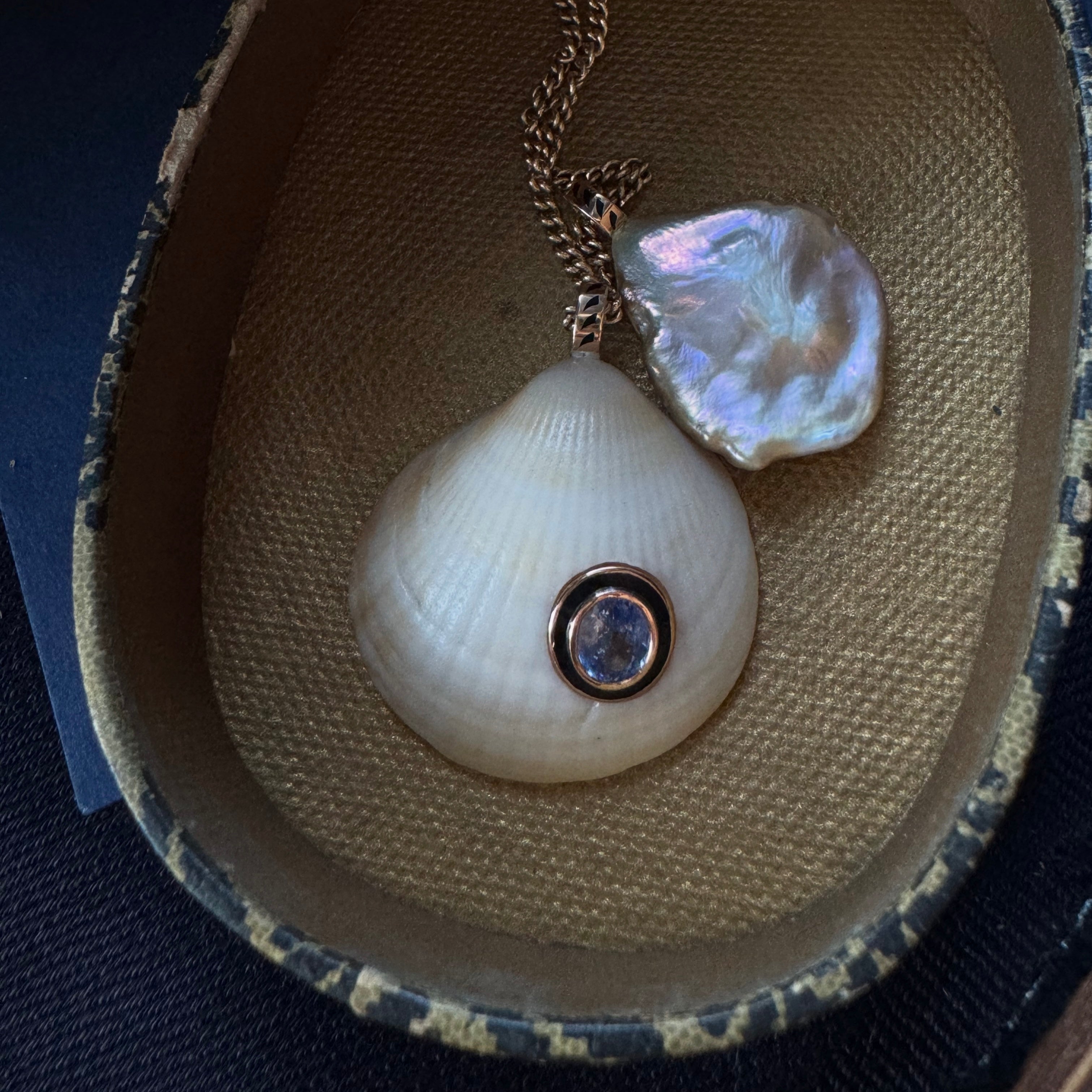 Dezso 18k Grande Flat Pearl Pendant w/ Shark Fin Enameling