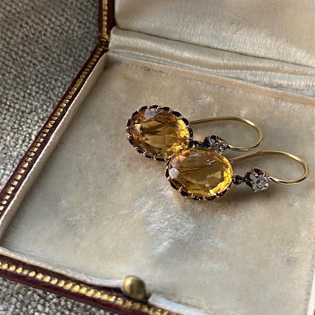 Antique Victorian 14k Diamond and Citrine Drop Earrings