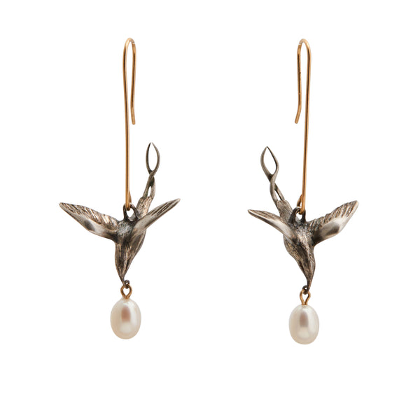 Gabriella Kiss Silver Flying Bird Earrings with White Pearl Drops
