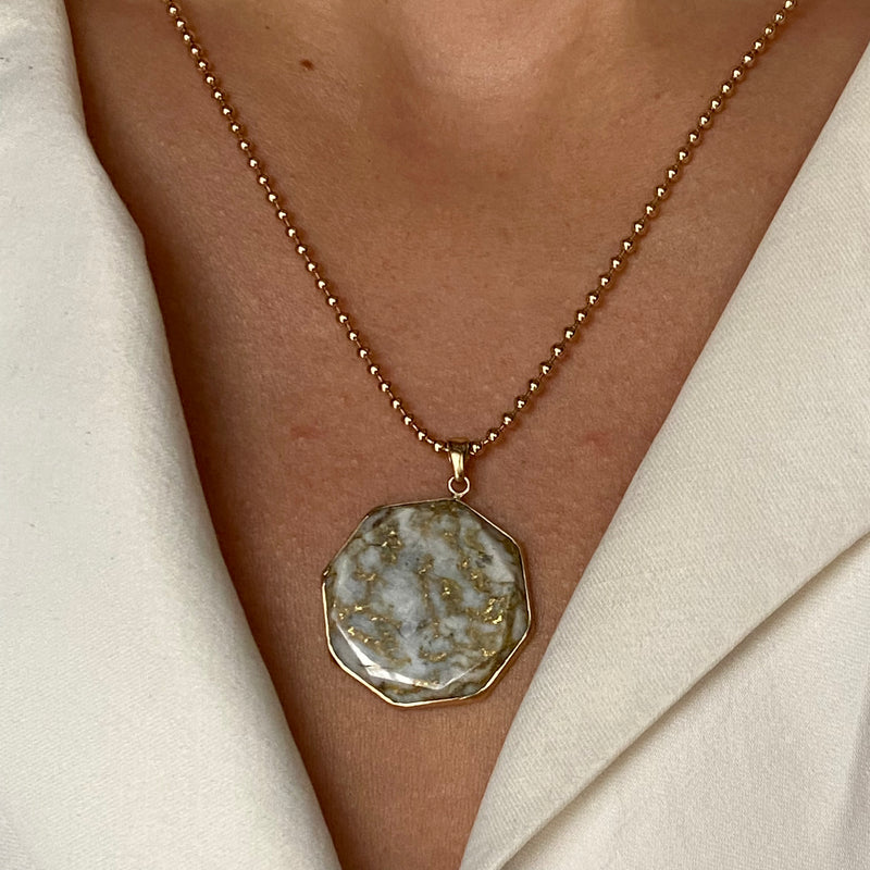 Antique 14k Gold Veined Stone Pendant in Modern Setting