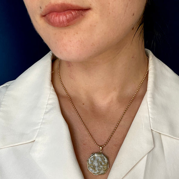 Antique 14k Gold Veined Stone Pendant in Modern Setting