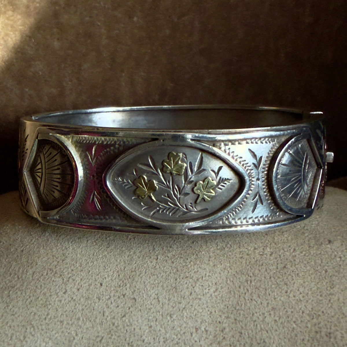Antique Victorian Silver Floral Motif Bangle Bracelet