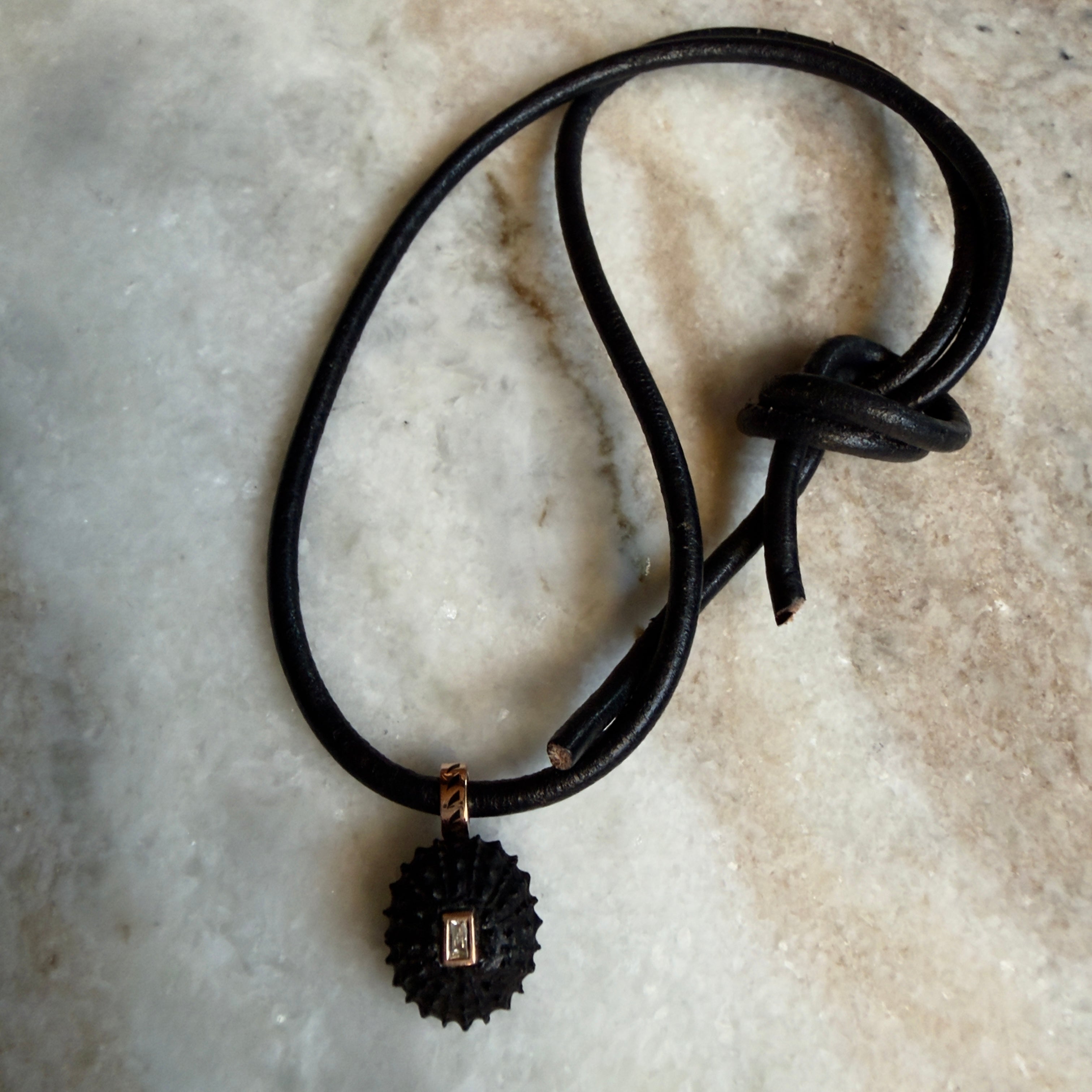 Dezso 18k Petite Carved Ebony Sea Urchin with Baguette Diamond Pendant