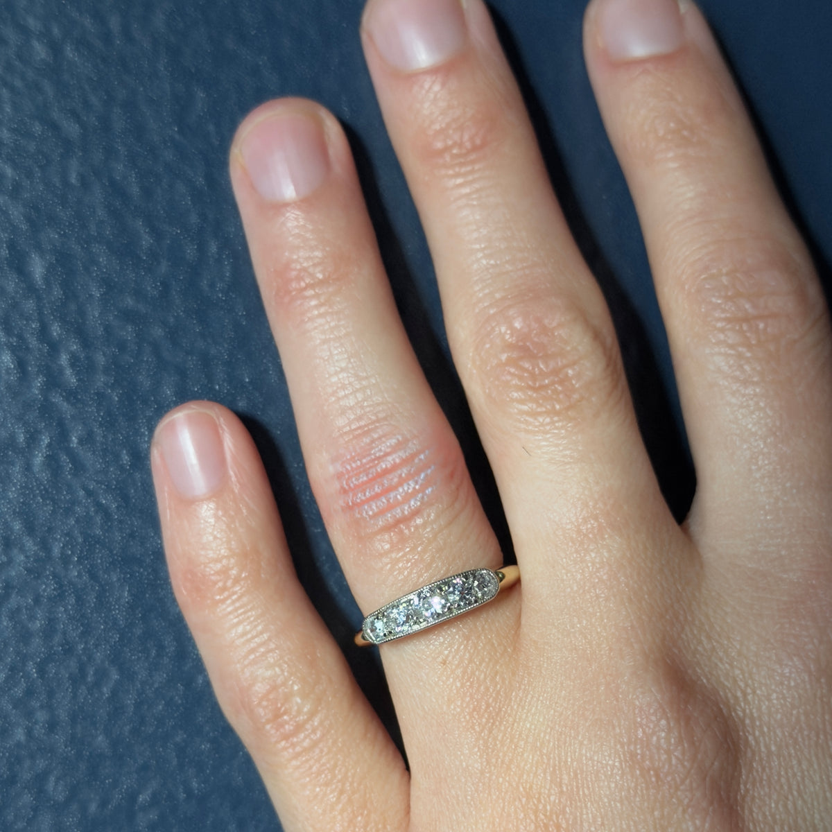 Antique Edwardian 18k / Platinum Ornate Five Diamond Ring