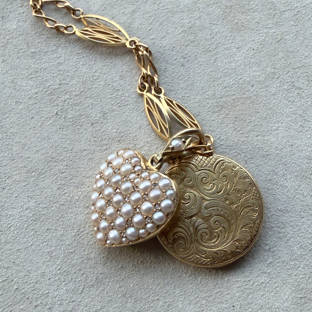 Antique Victorian 15k Natural Pearl and Diamond Pave Heart Pendant