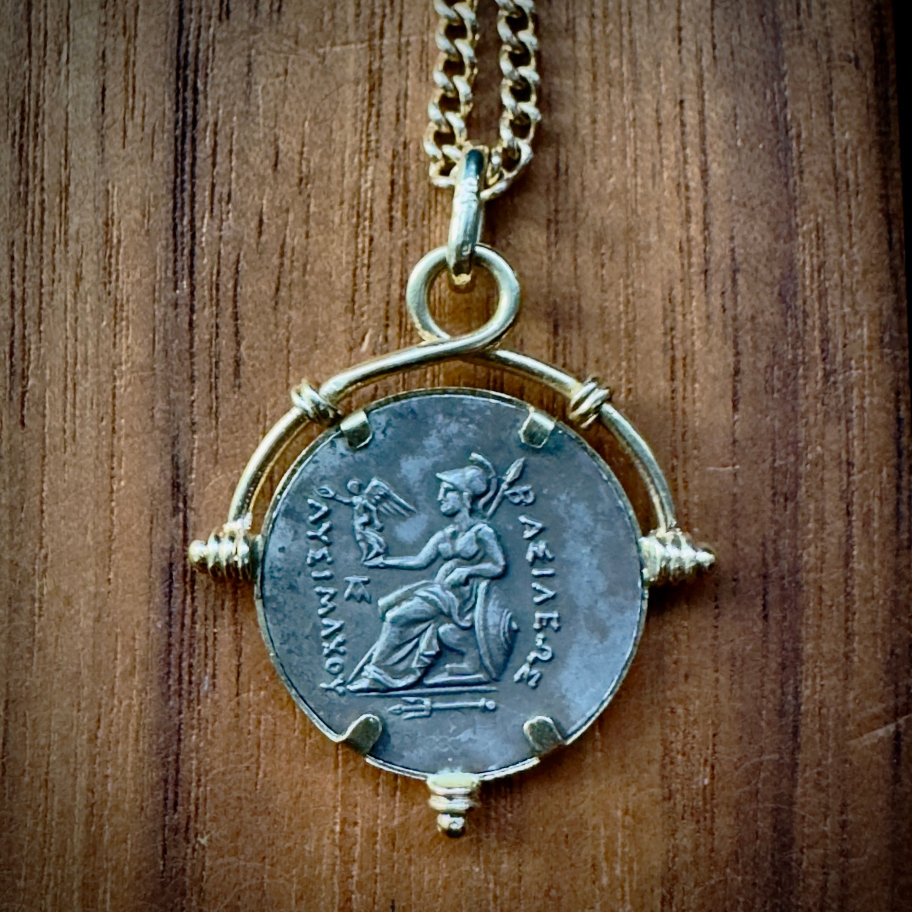 Silver Greek Coin Pendant Set in 18k Mid-Century Setting