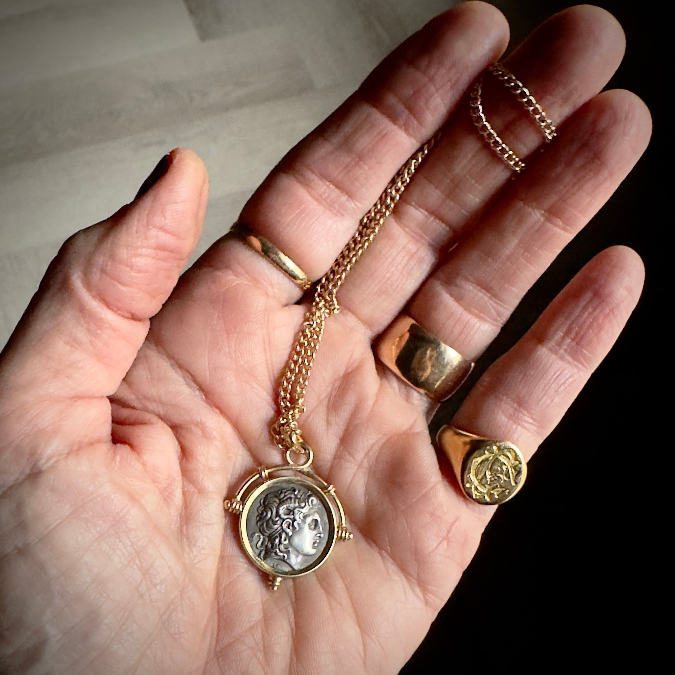 Silver Greek Coin Pendant Set in 18k Mid-Century Setting