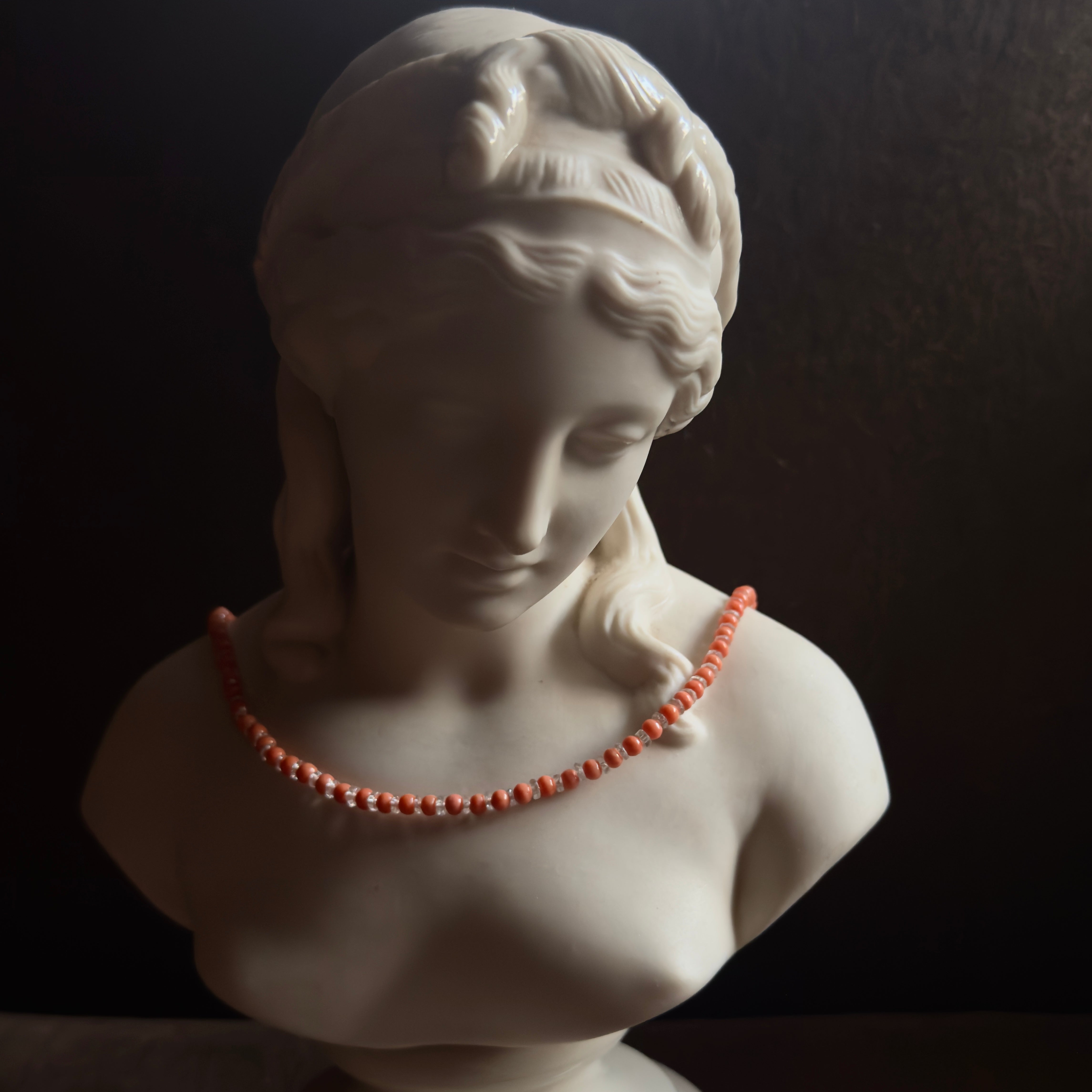 Antique Art Deco Coral and Rock Crystal Necklace w/ 14k Clasp