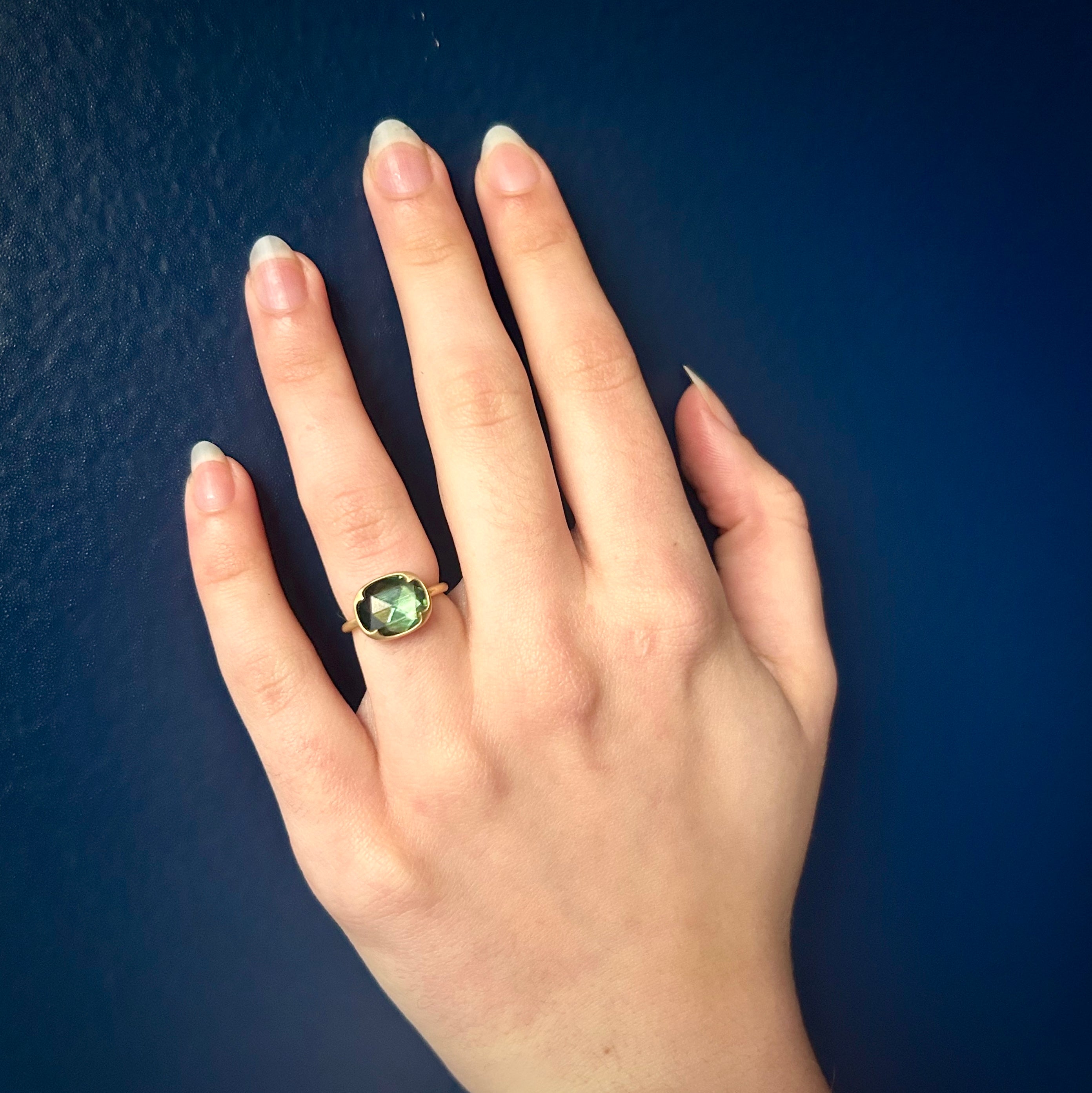 Gabriella Kiss 18k East/West Oval Rose Cut Green Sapphire Ring- 2.23ct