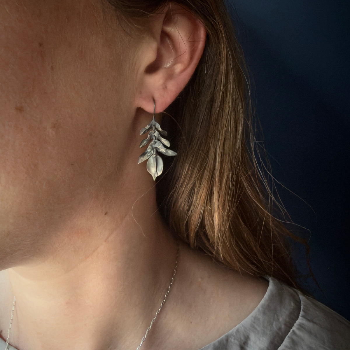 TenThousandThings Silver Brushed Short Wild Fern Leaf Earrings