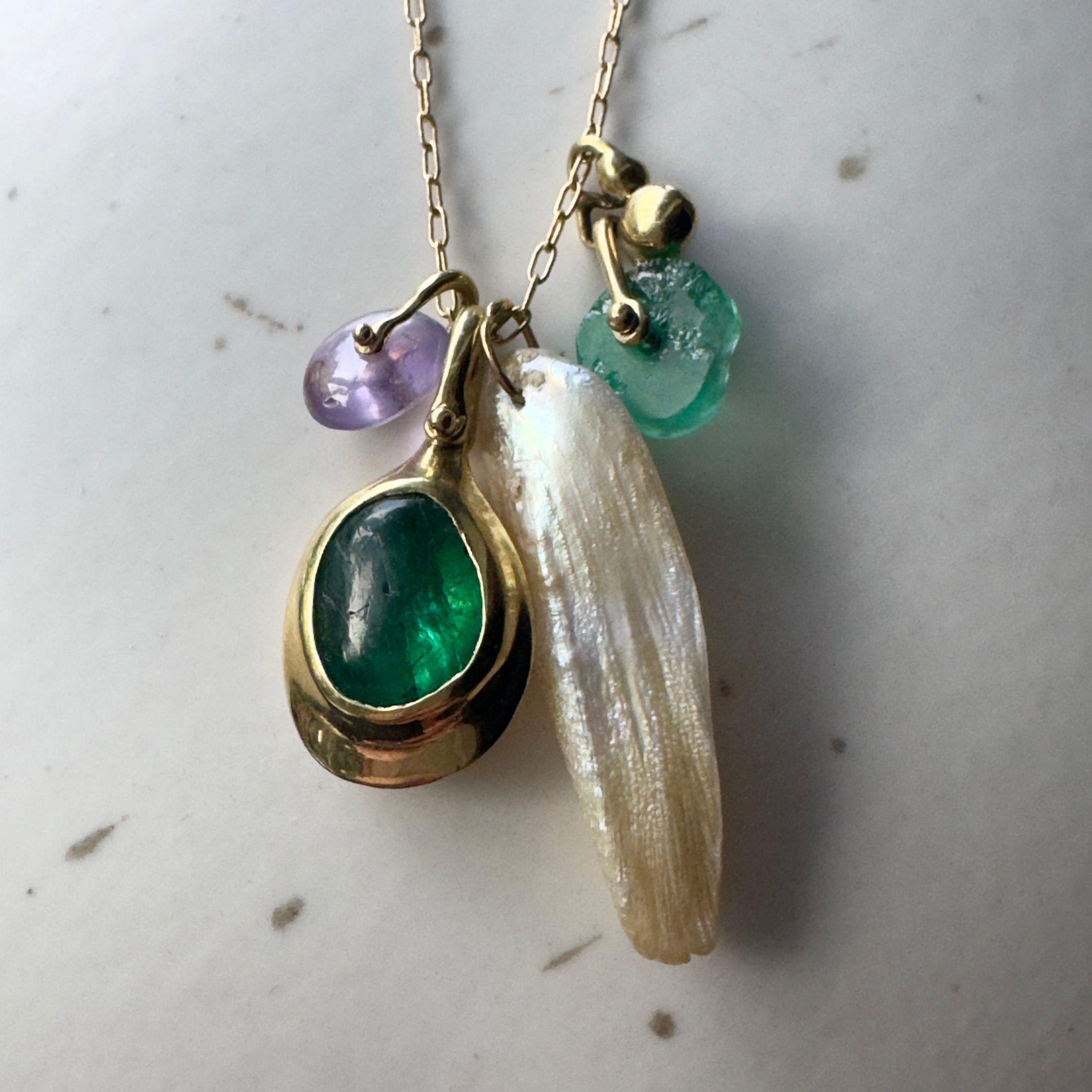 TenThousandThings 18k Emerald, Nat. Pearl and Sapphire Luxe Charm Necklace - 16.5"