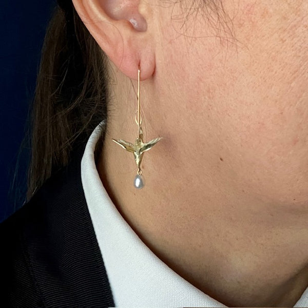 Gabriella Kiss 14k Green Gold Flying Birds w/ White Pearl Earrings
