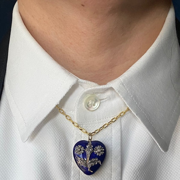 Antique Georgian Navy Enamel Double Floral Diamond Heart Pendant