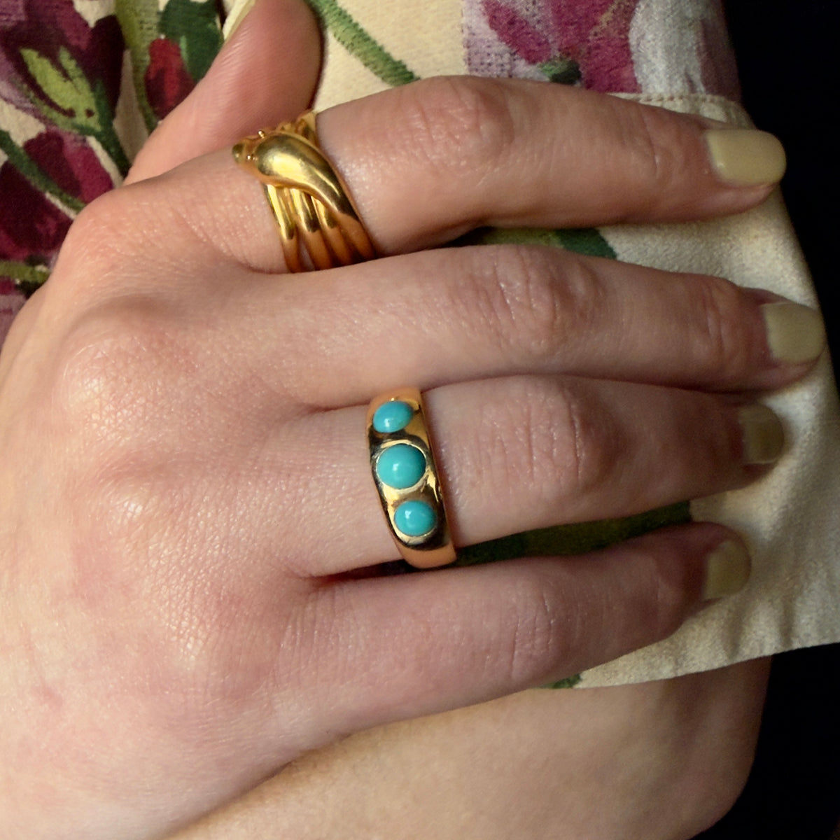 Antique Victorian 18k Three Stone Flush Set Turquoise Ring