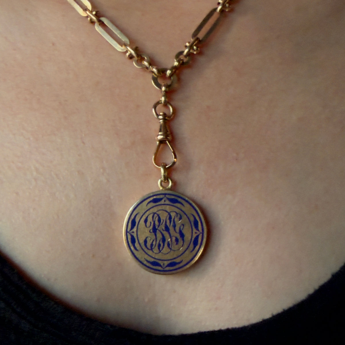 Antique Victorian 14k Round Navy Enamel Monogram Locket Pendant