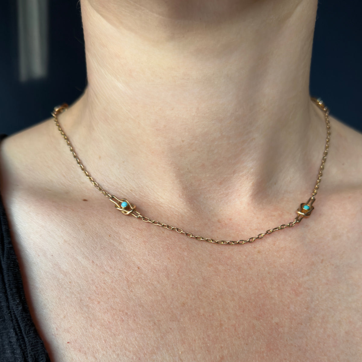 Antique Victorian 10k Turquoise Love Knot Chain - 17"