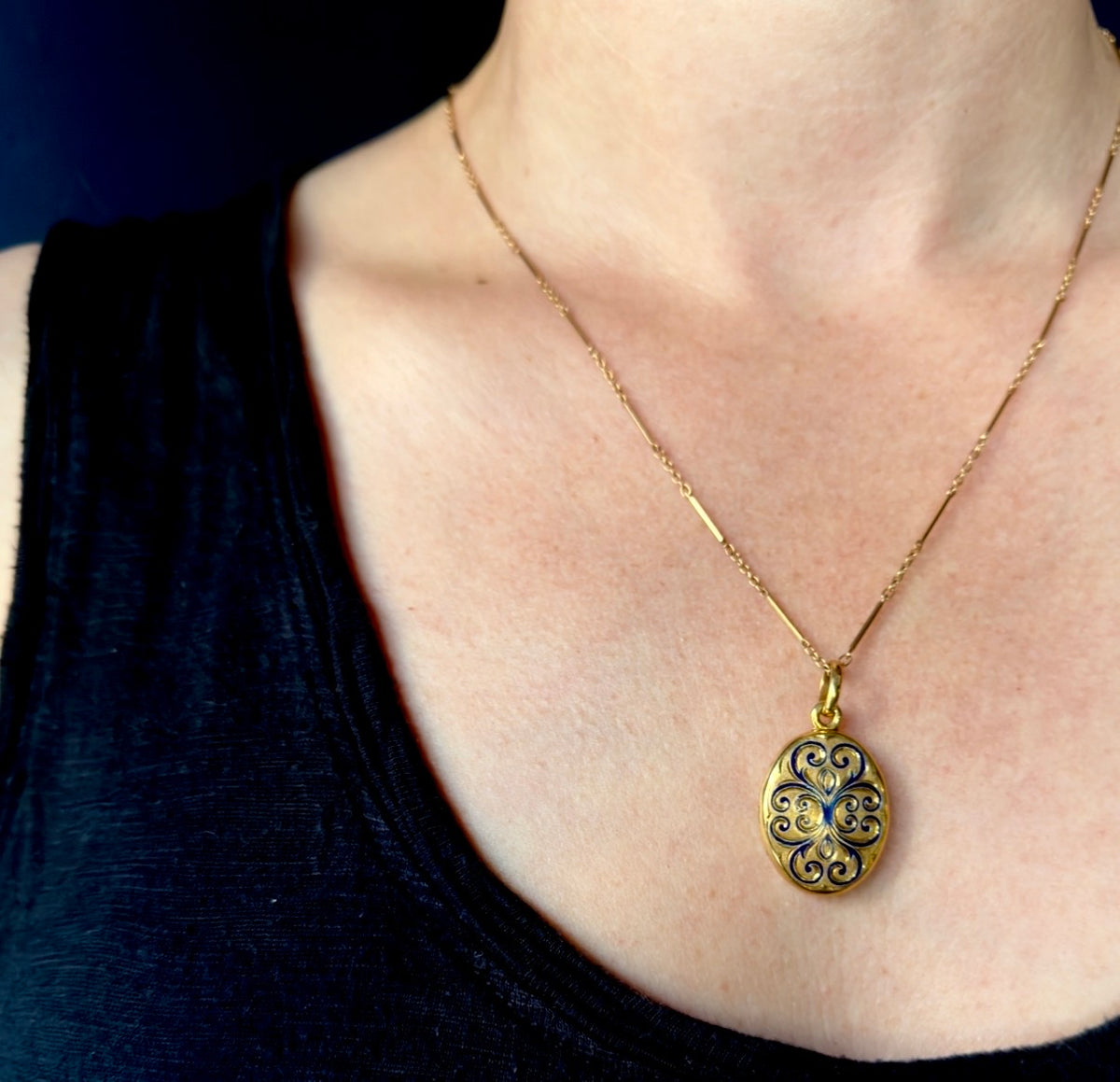 Antique Victorian 18k Petite Oval Blue Enamel Scroll Locket Pendant