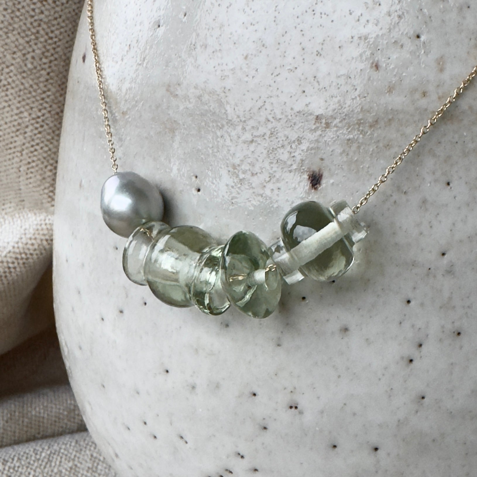 TenThousandThings 18k Tahitian Pearl and Green Amethyst Mini Trade Bead Necklace - 16"