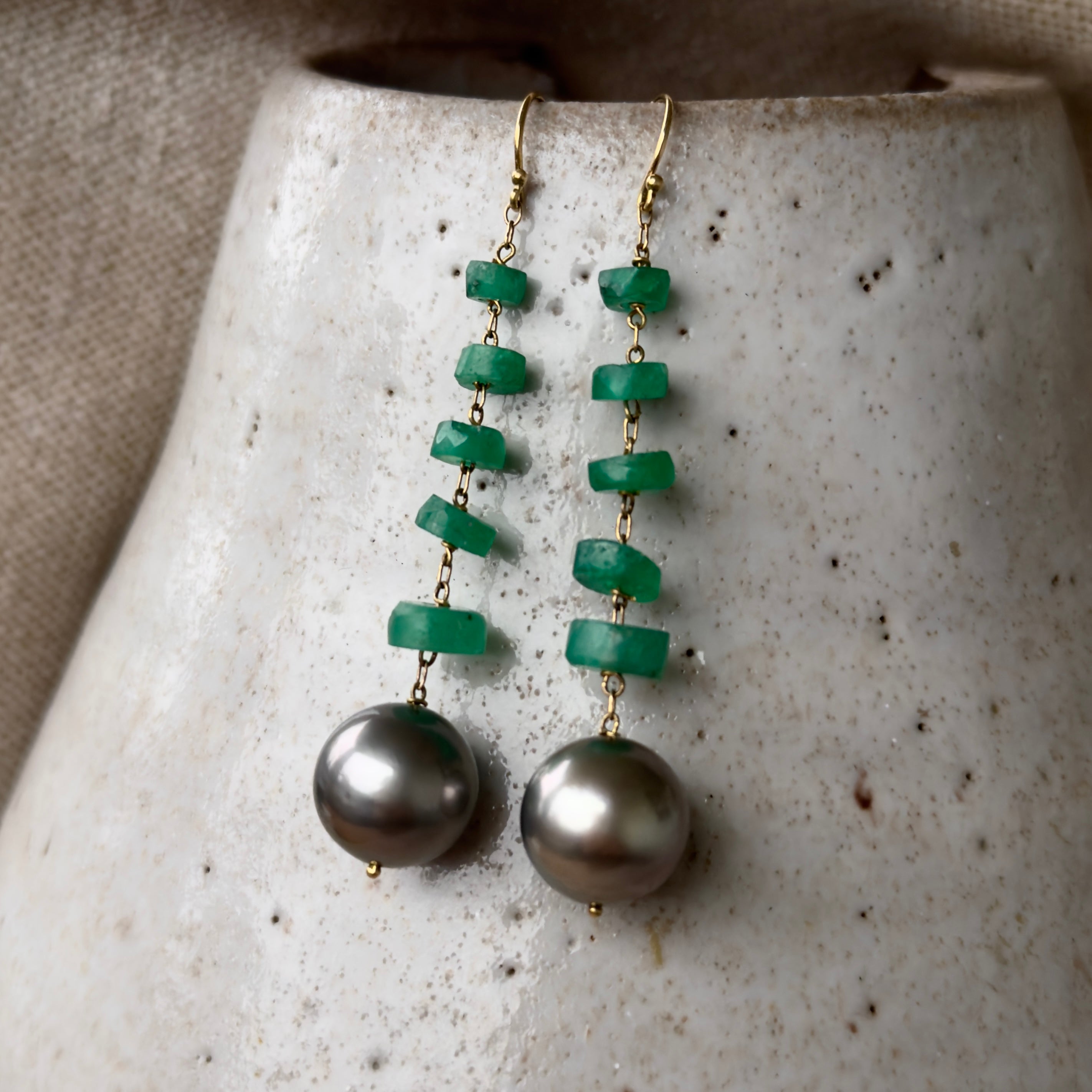 TenThousandThings 18k Emerald and Tahitian Pearl Long Earrings