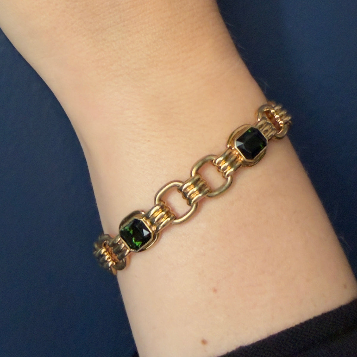 Vintage Retro 14k Gold and Emerald Cut Tourmaline Bracelet