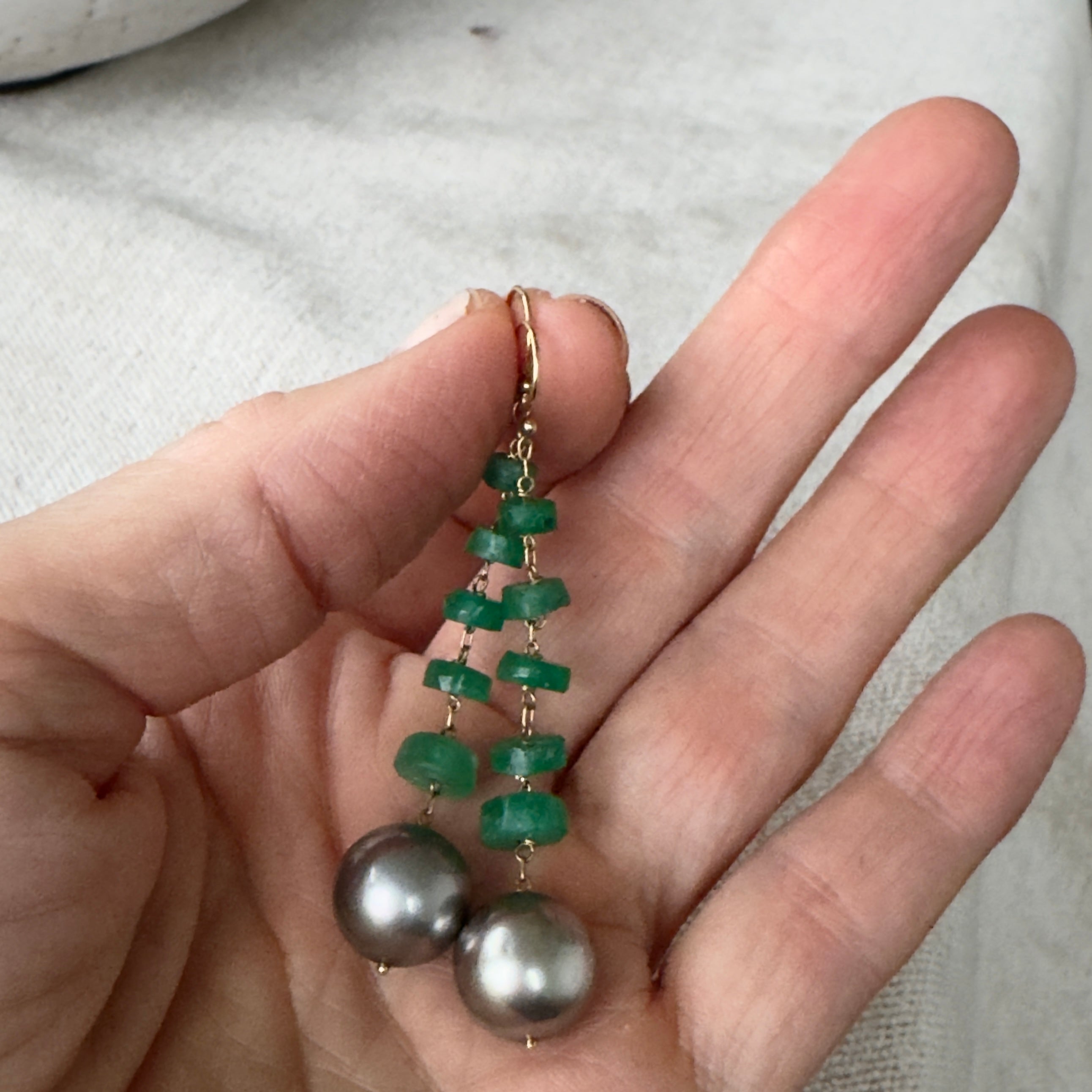TenThousandThings 18k Emerald and Tahitian Pearl Long Earrings