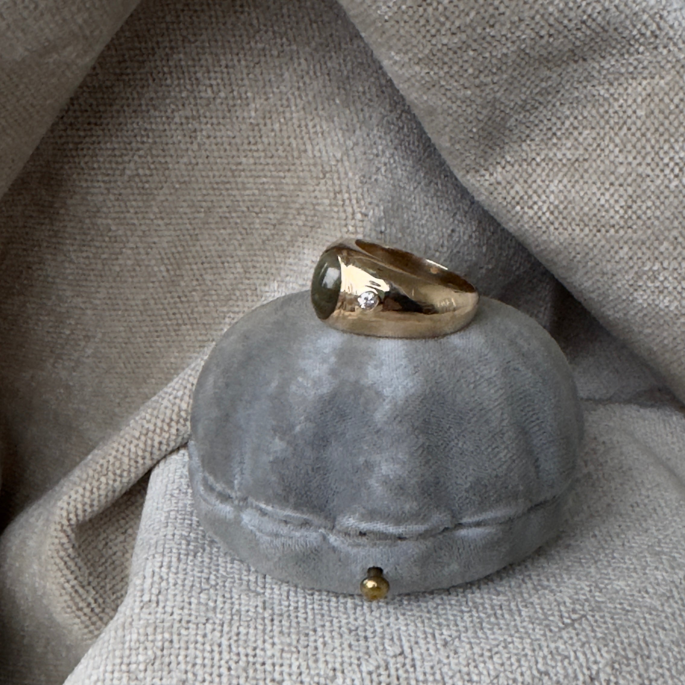 Antique Edwardian 14k Cat's Eye Chrysoberyl and Diamond Heavy Domed Band