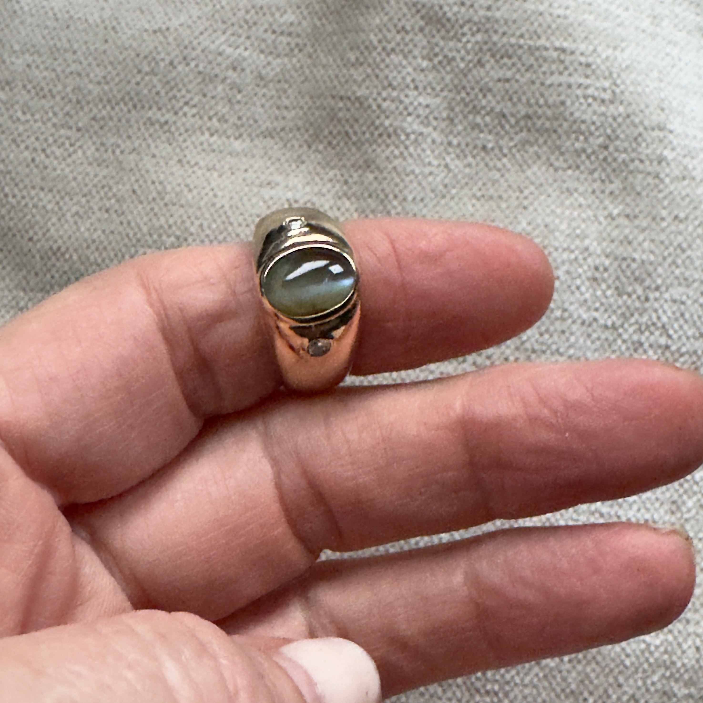 Antique Edwardian 14k Cat's Eye Chrysoberyl and Diamond Heavy Domed Band