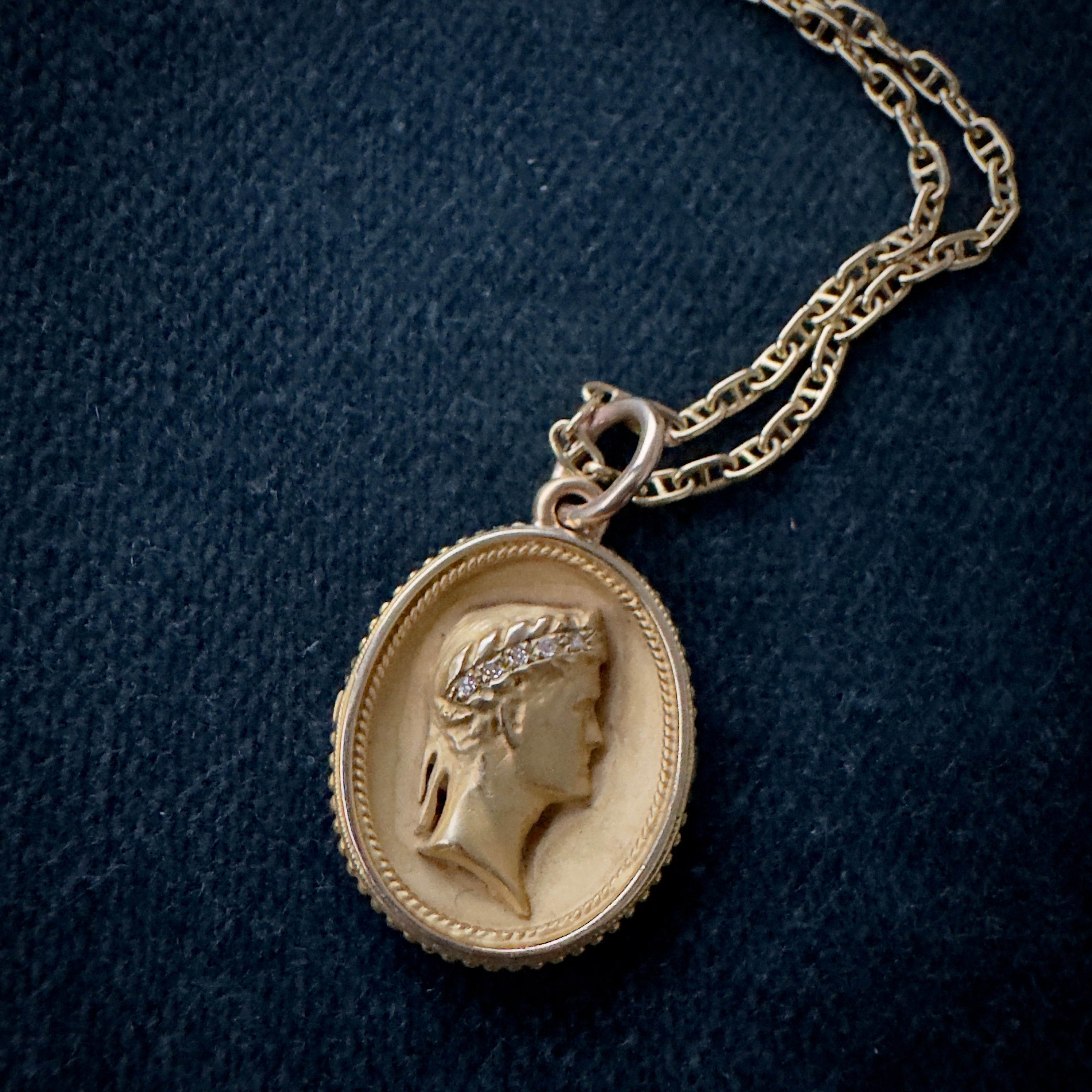 Vintage Mid-Century 14k Yellow Gold Diamond Classical Cameo Pendant