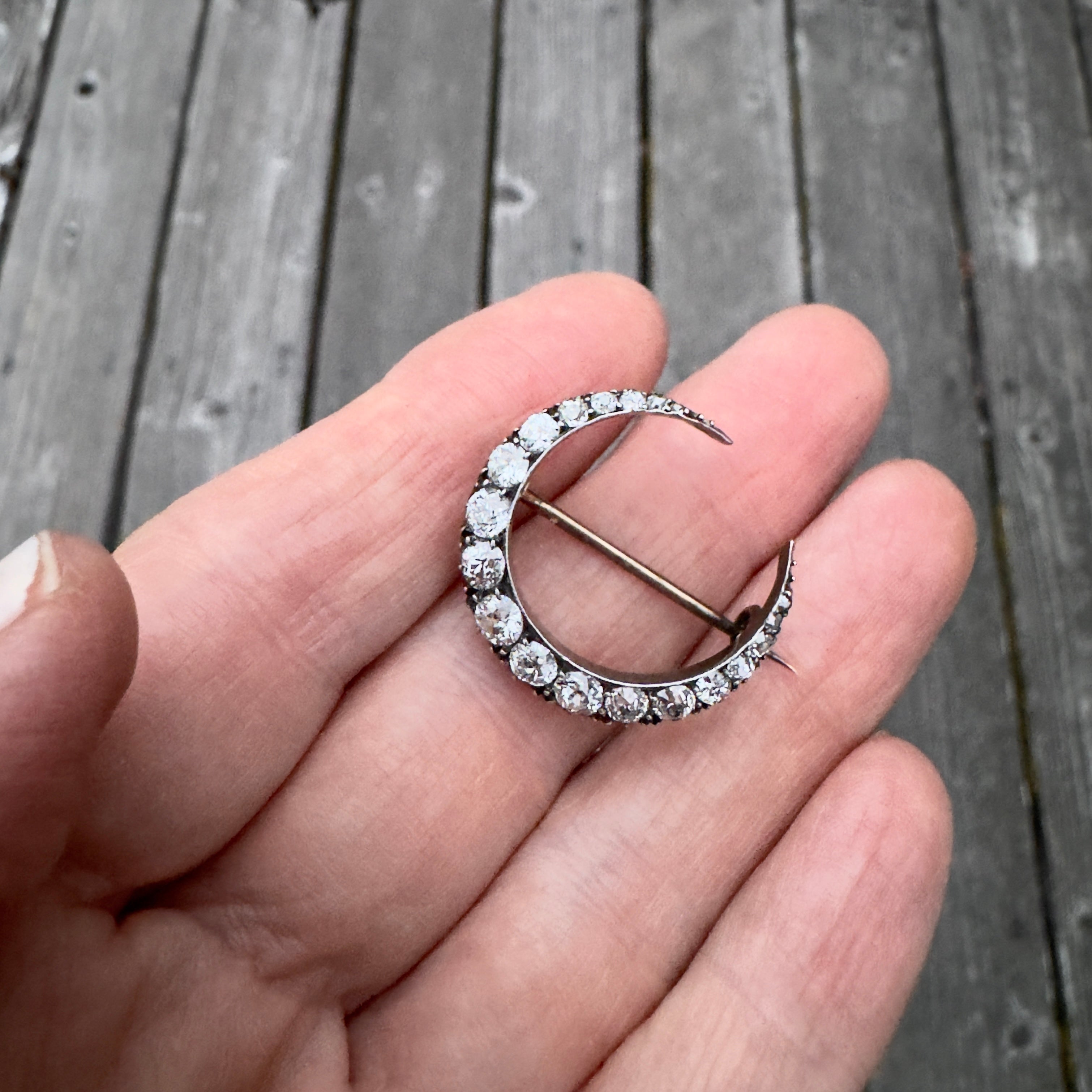 Antique Victorian 9k and Silver Set Diamond Crescent Moon Pin
