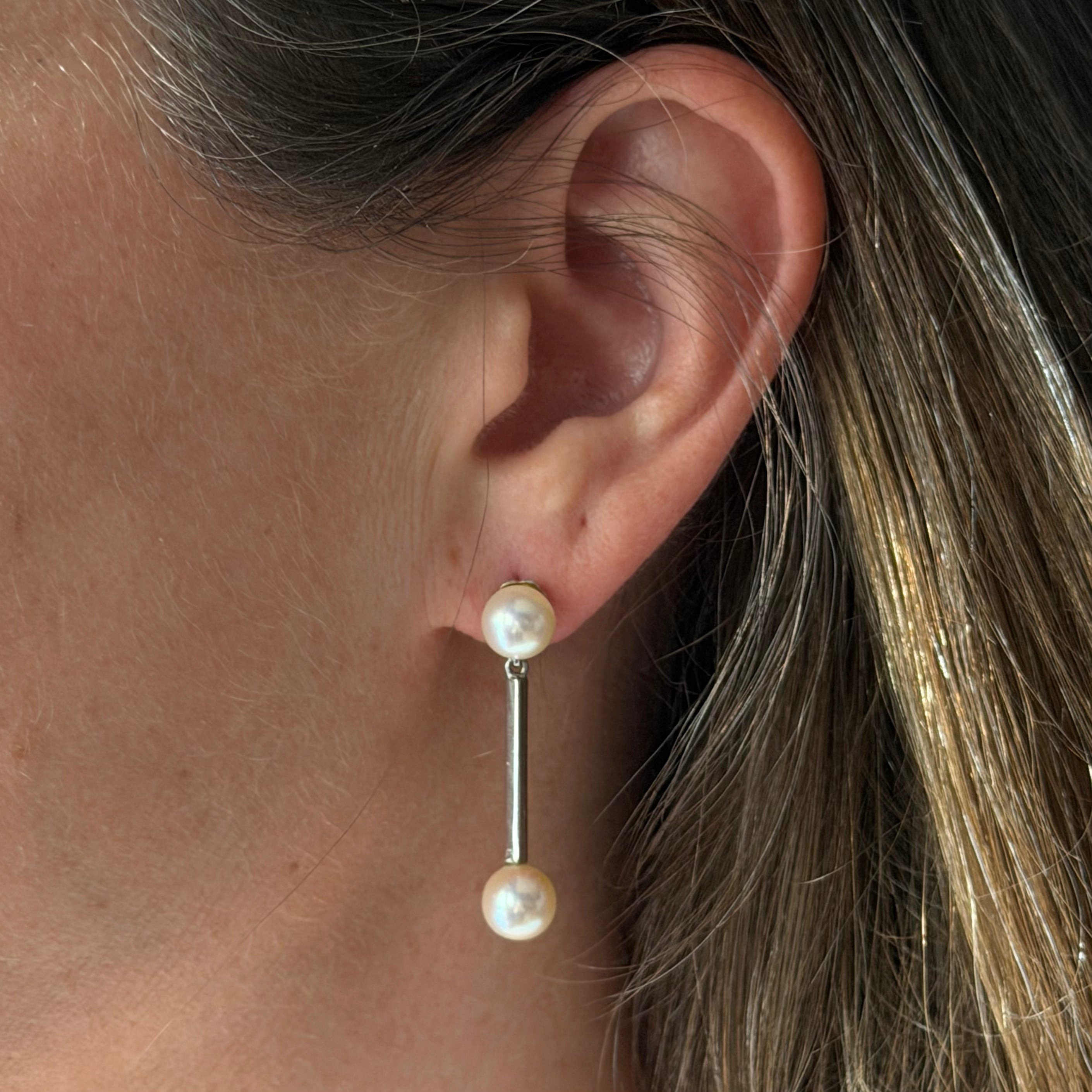 Vintage 14k White Gold Bar & Pearl Drop Earrings