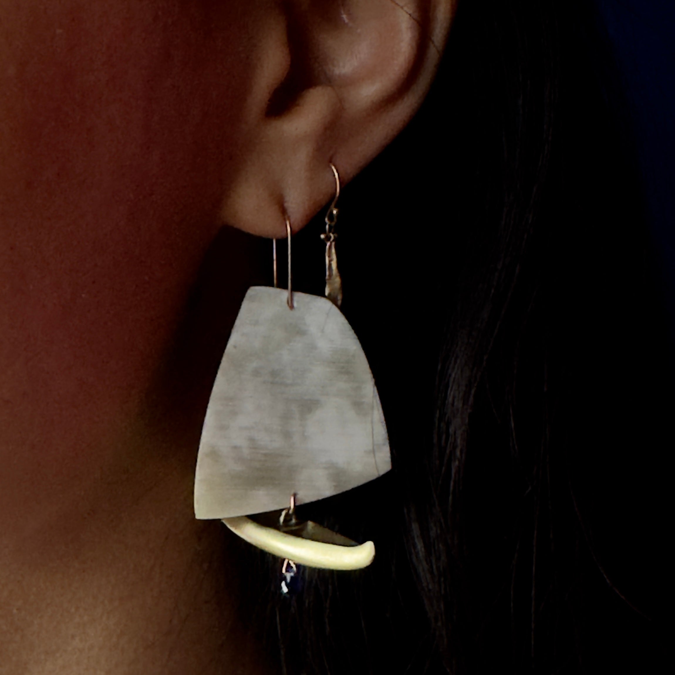 Gabriella Kiss 14k Green Gold Sailboats w/ Carved White Horn & Sapphire Drops Earrings