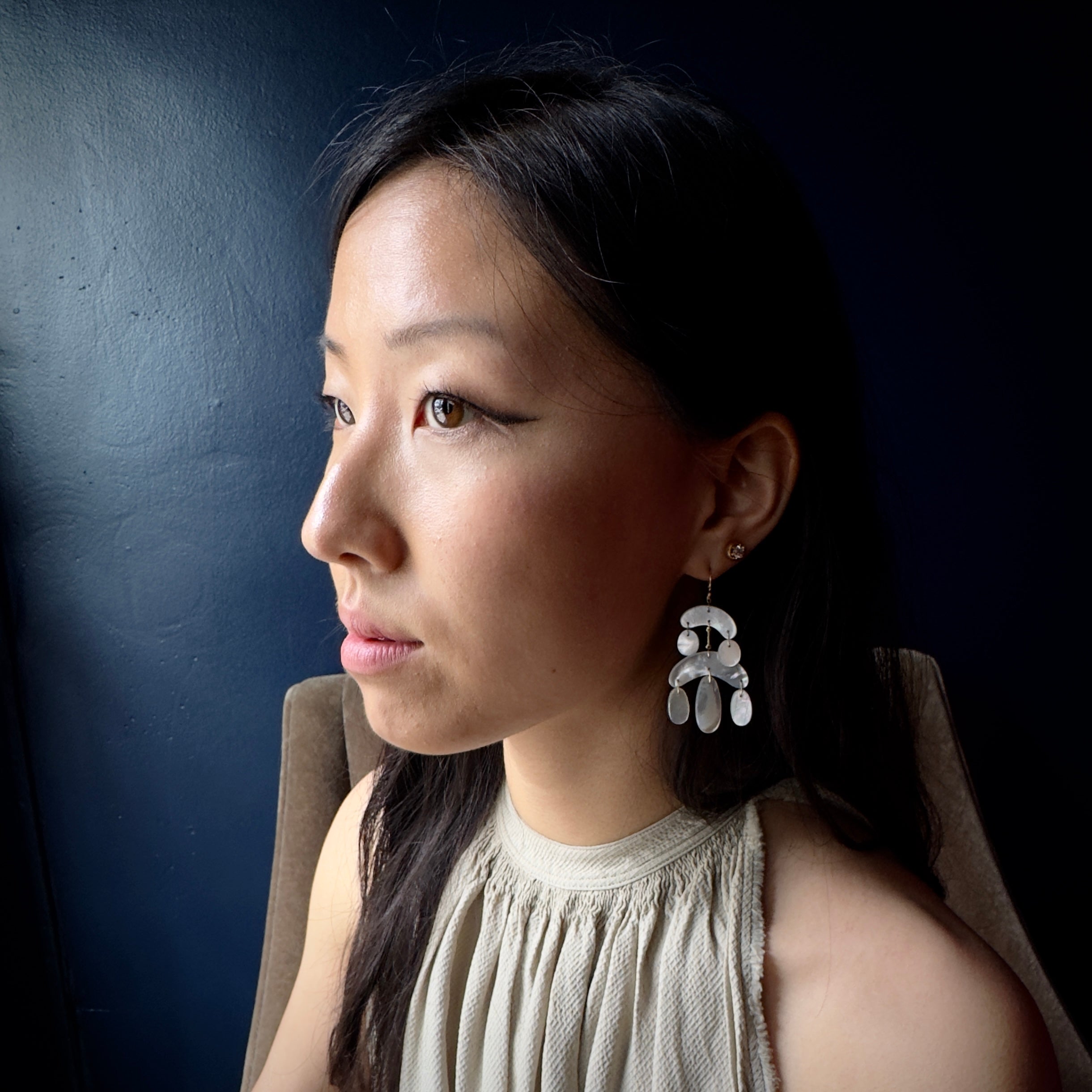 TenThousandThings 18k Mini Cut Stone Mother of Pearl Chandelier Earrings