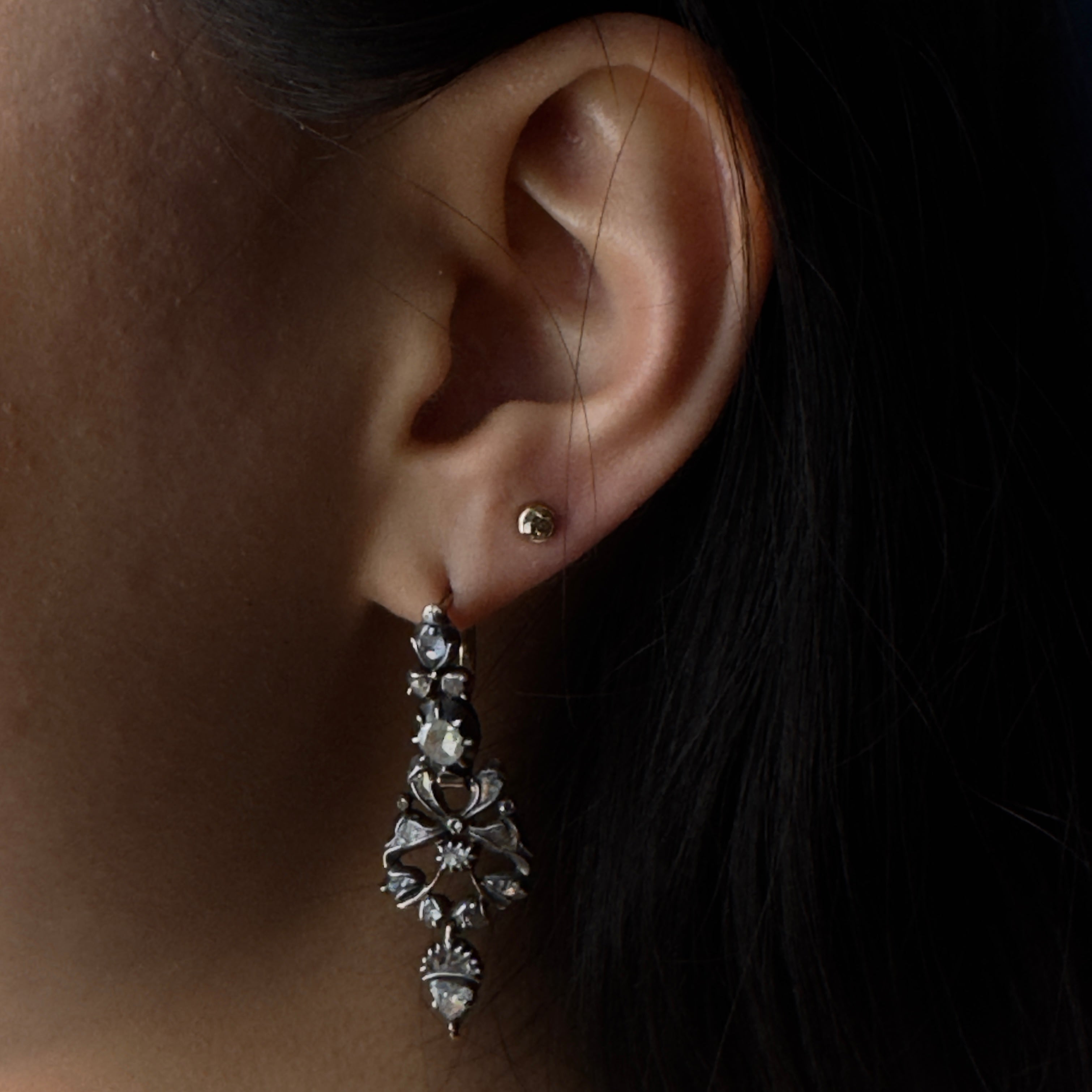 Antique Late 18th c. 18k/Silver Rose Cut Diamond Earrings with Acorn Drops