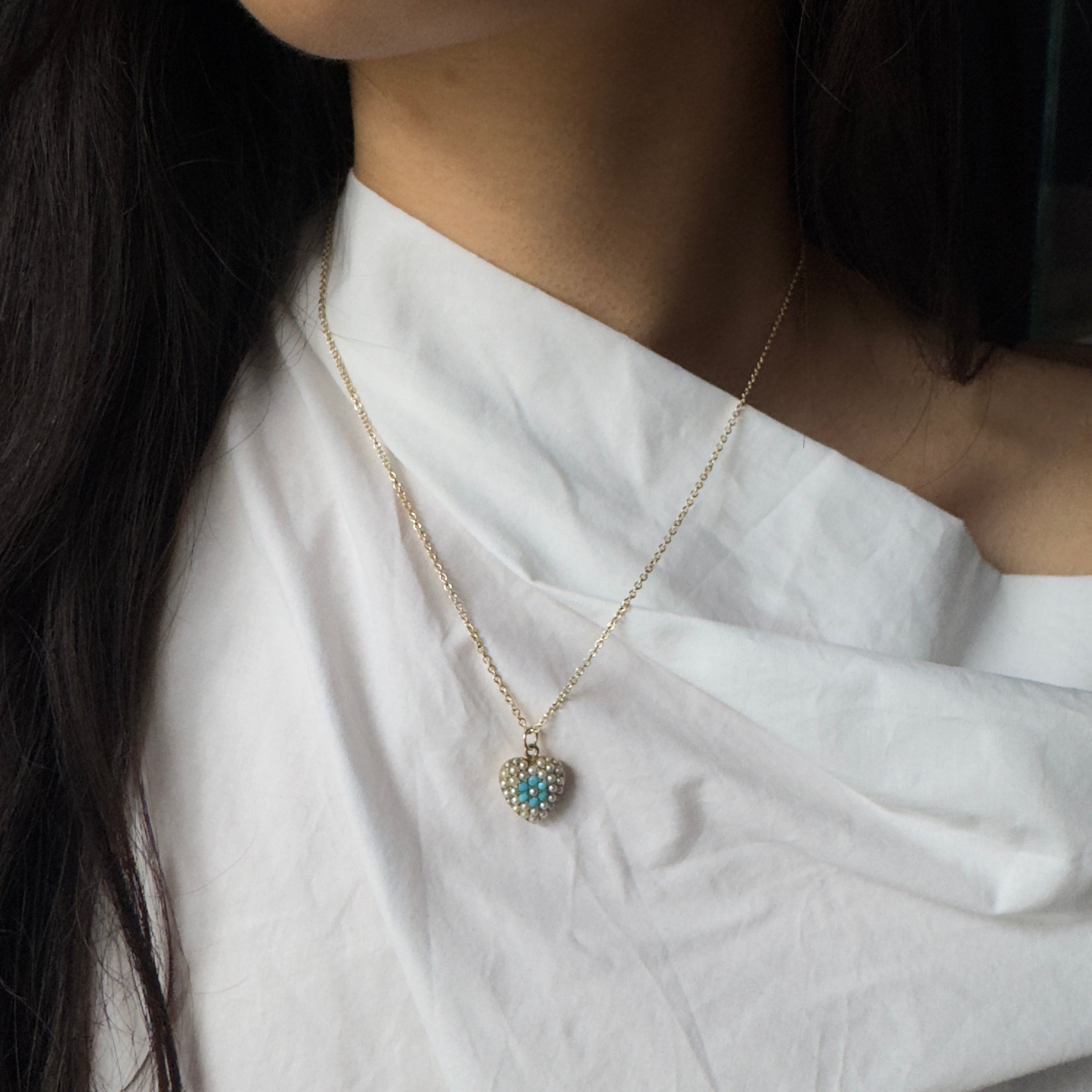 Antique Victorian 15k Turquoise & Natural Pearl Heart Pendant