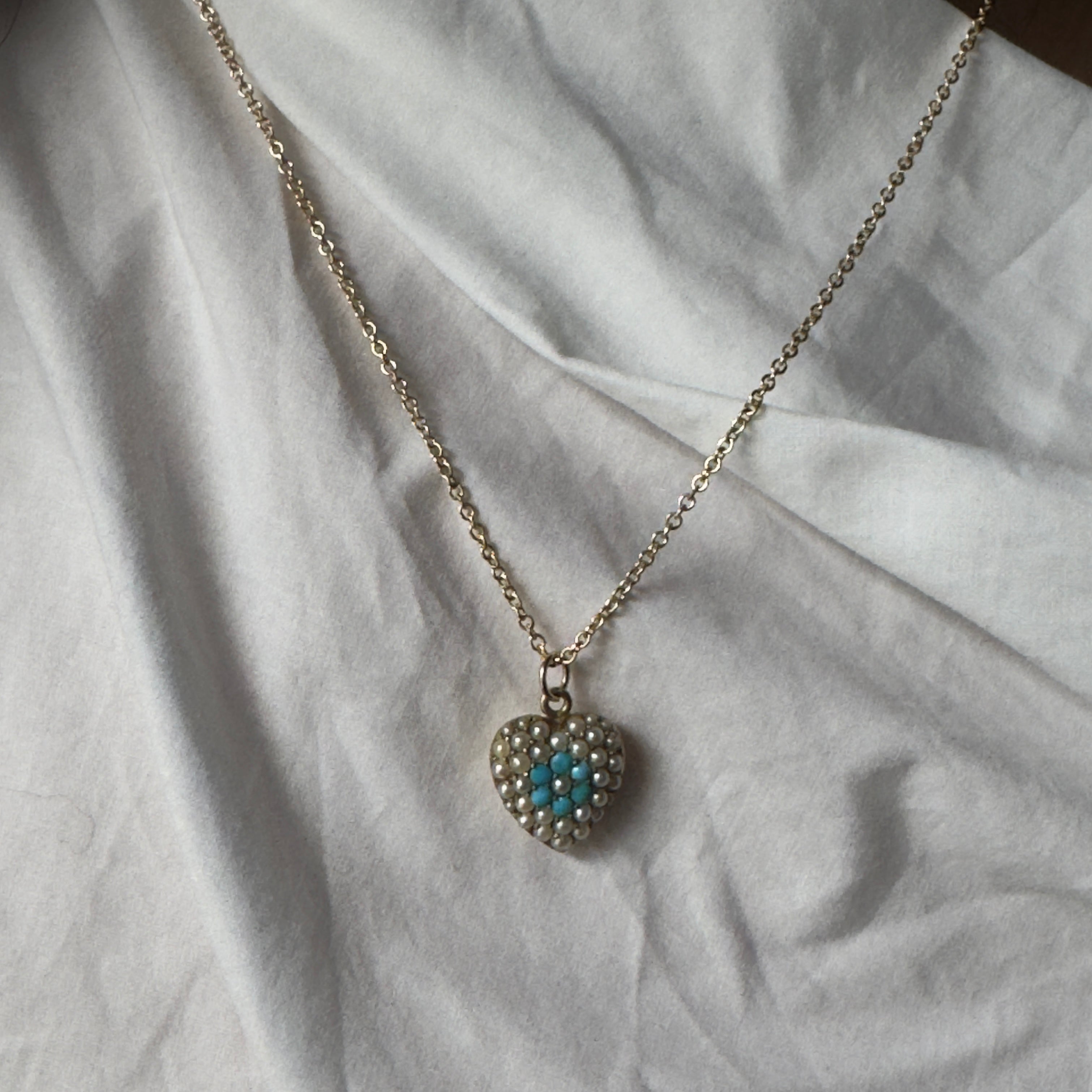 Antique Victorian 15k Turquoise & Natural Pearl Heart Pendant