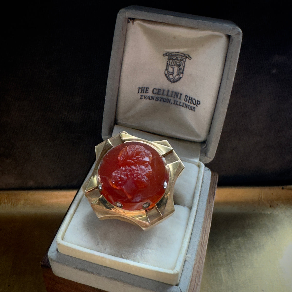 Antique Victorian 14k Carnelian Intaglio with Inset Diamonds Ring