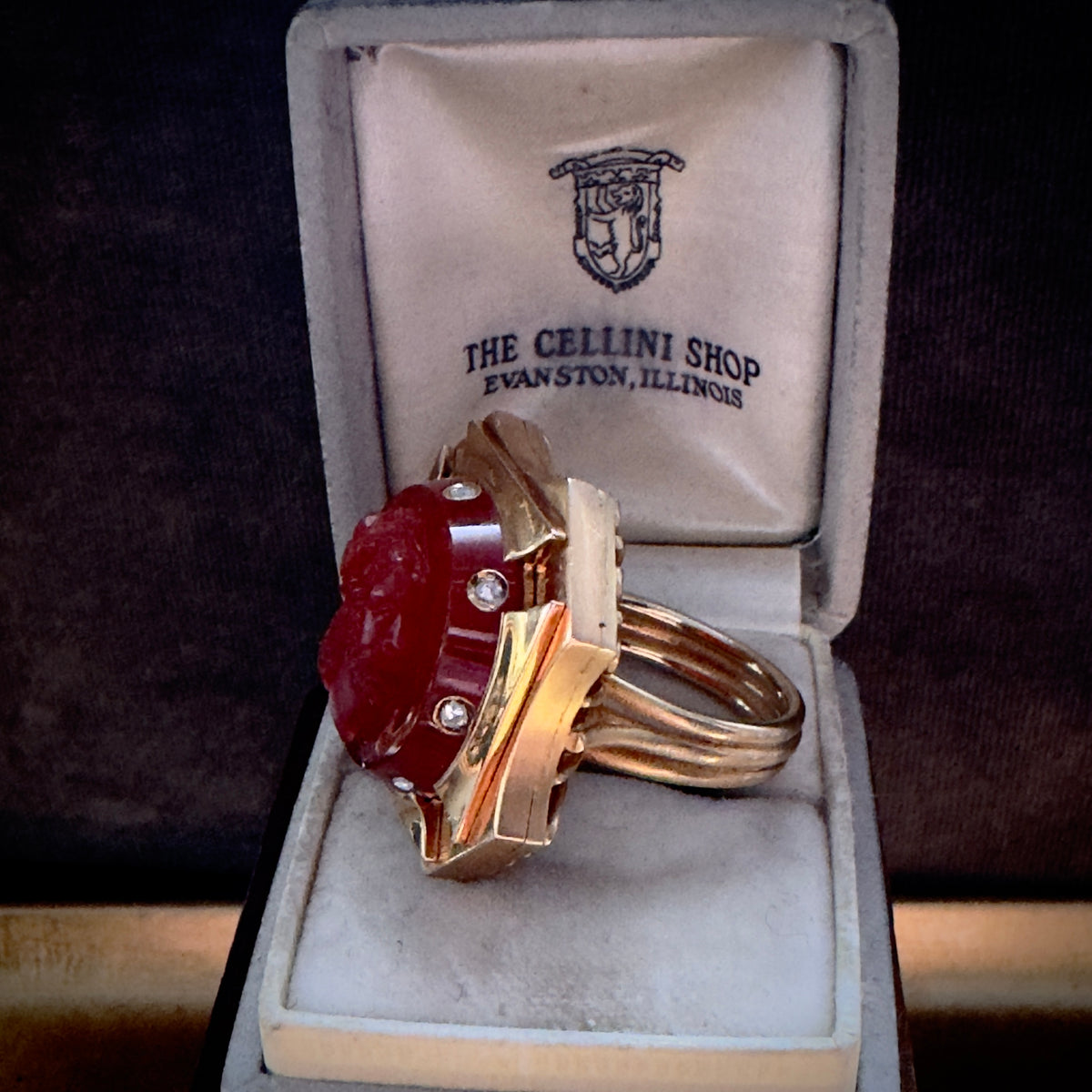 Antique Victorian 14k Carnelian Intaglio with Inset Diamonds Ring