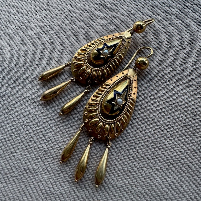 Antique Victorian 15k Long Drop Natural Pearl & Blue Enamel Center Earrings