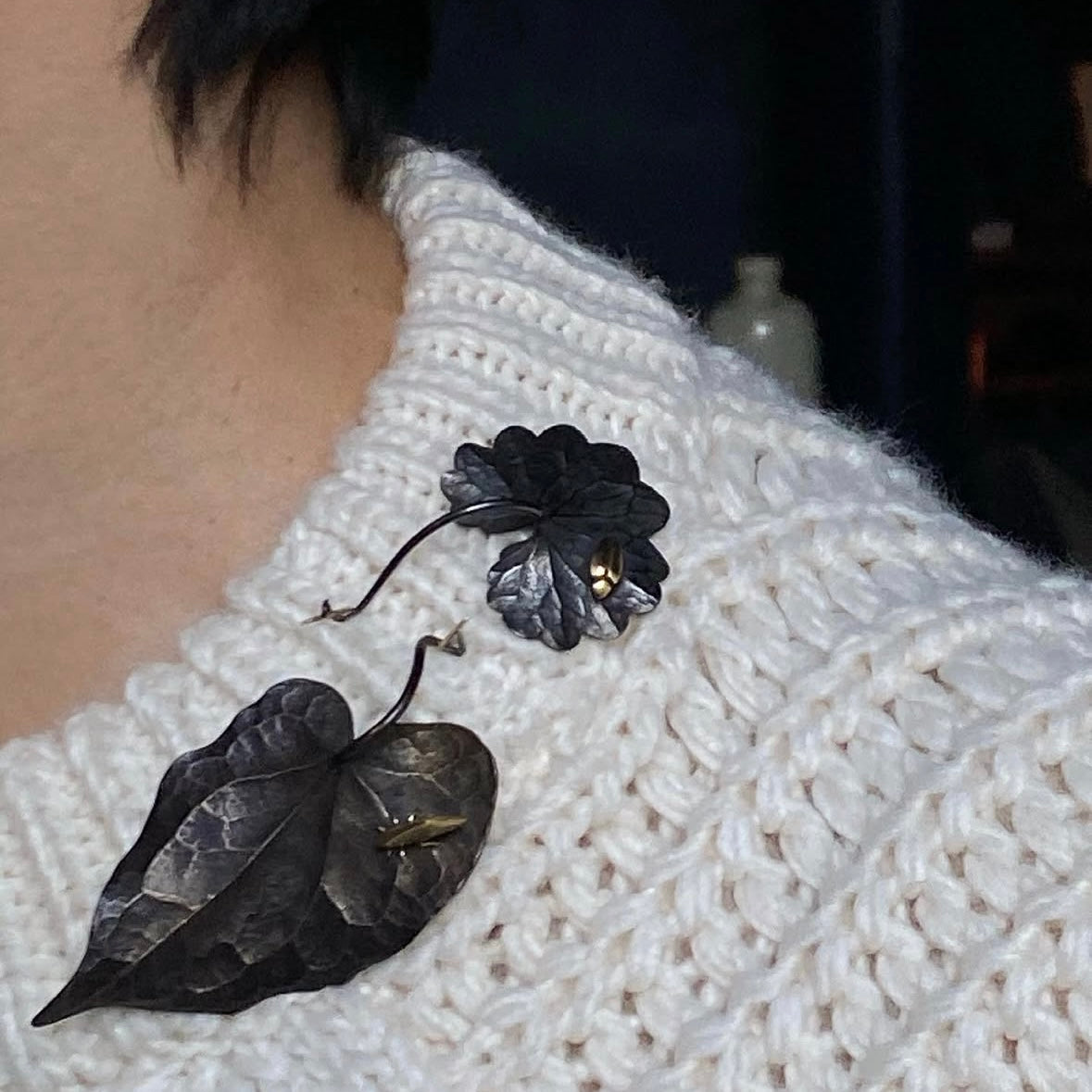 Gabriella Kiss Bronze Scallop Leaf Pin with 18k Beetle