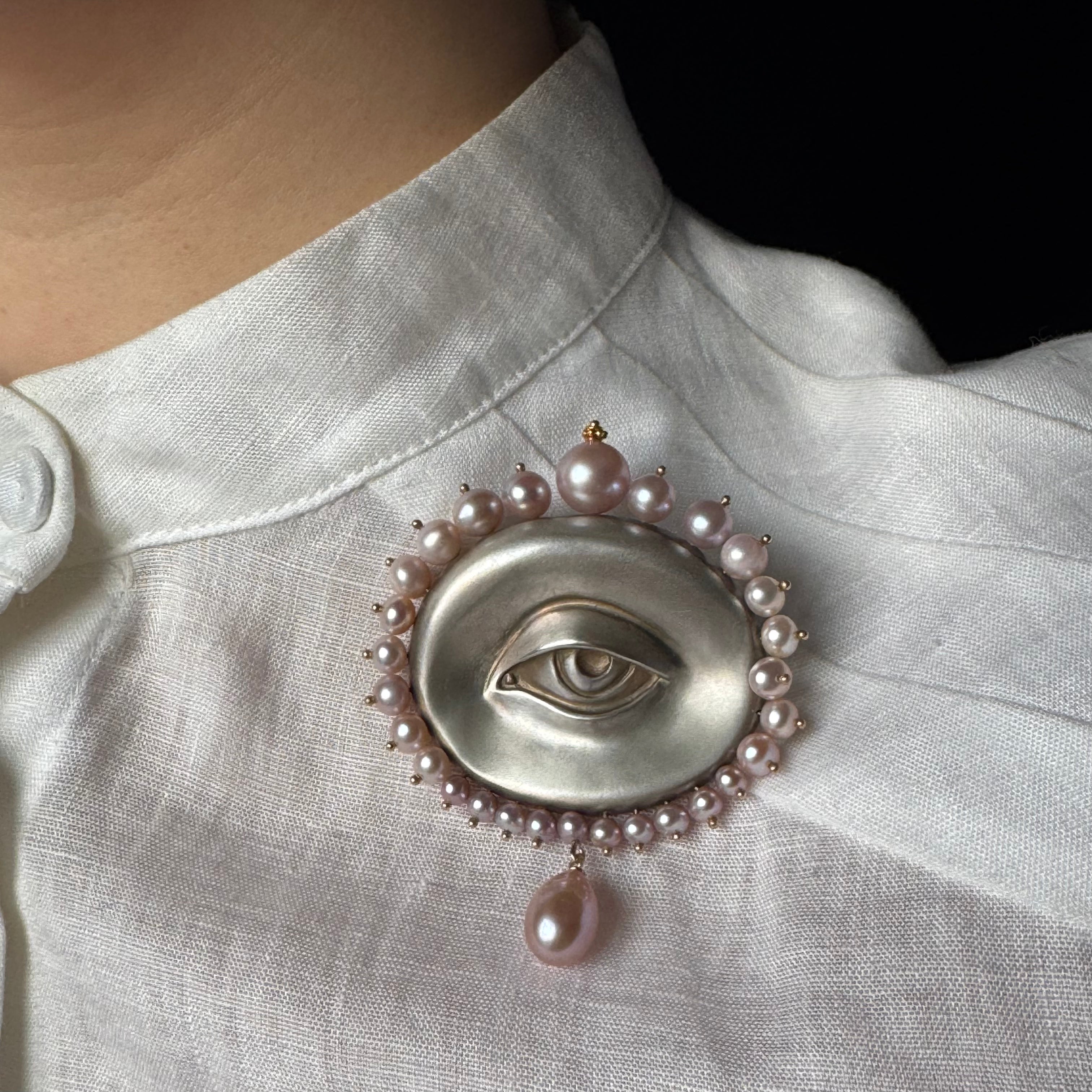 Gabriella Kiss Silver Large Eye Brooch with Pink Pearls