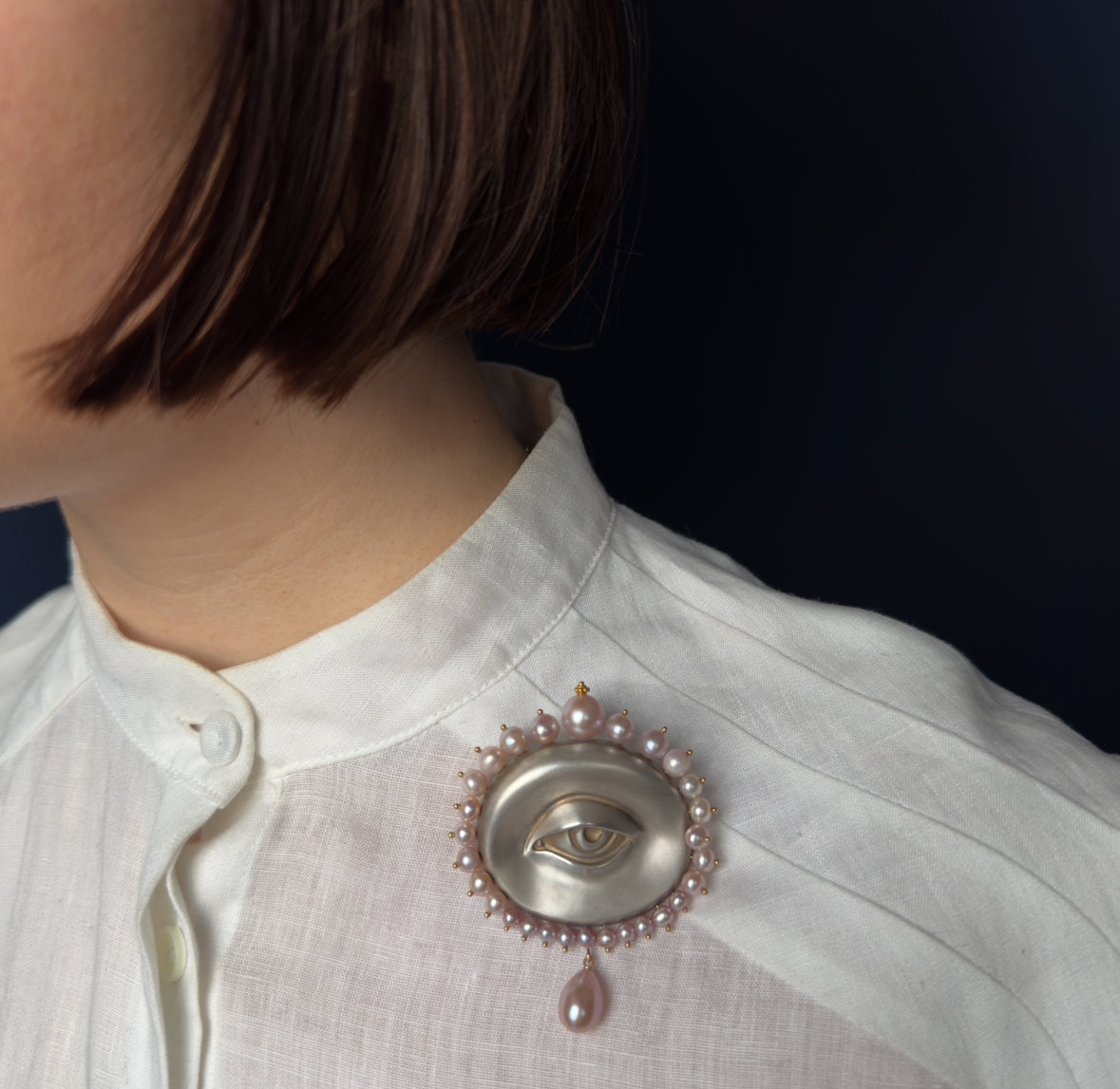 Gabriella Kiss Silver Large Eye Brooch with Pink Pearls
