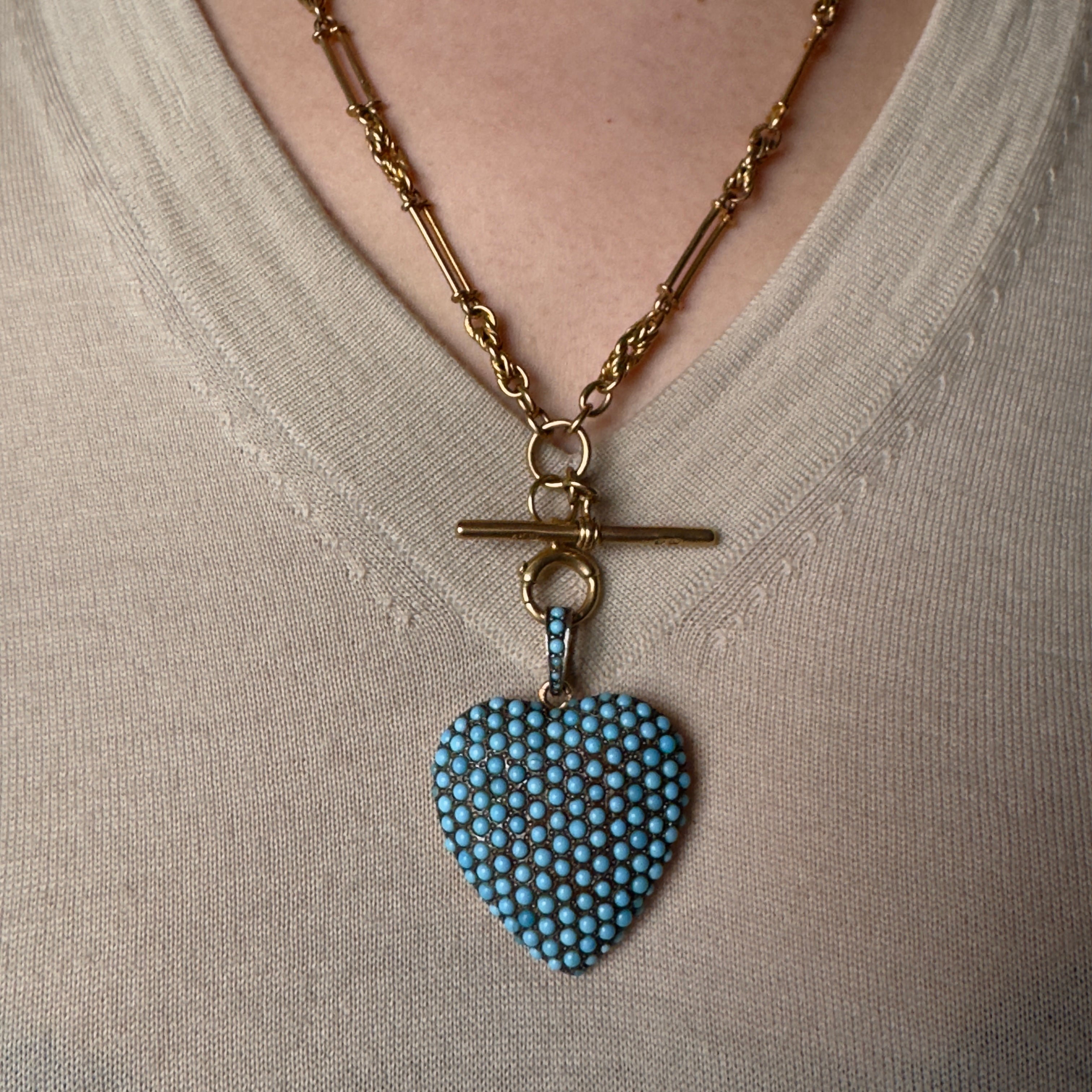 Vintage French 18k Pavé Turquoise Paste Heart Locket Pendant