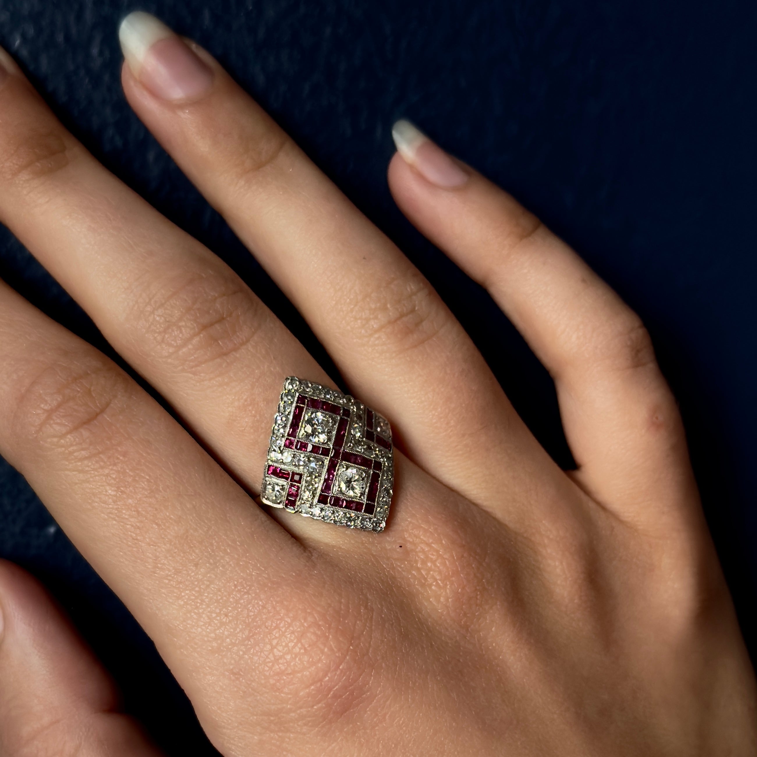 Antique Edwardian Platinum/18k Diamond & Ruby Diamond Shaped Ring
