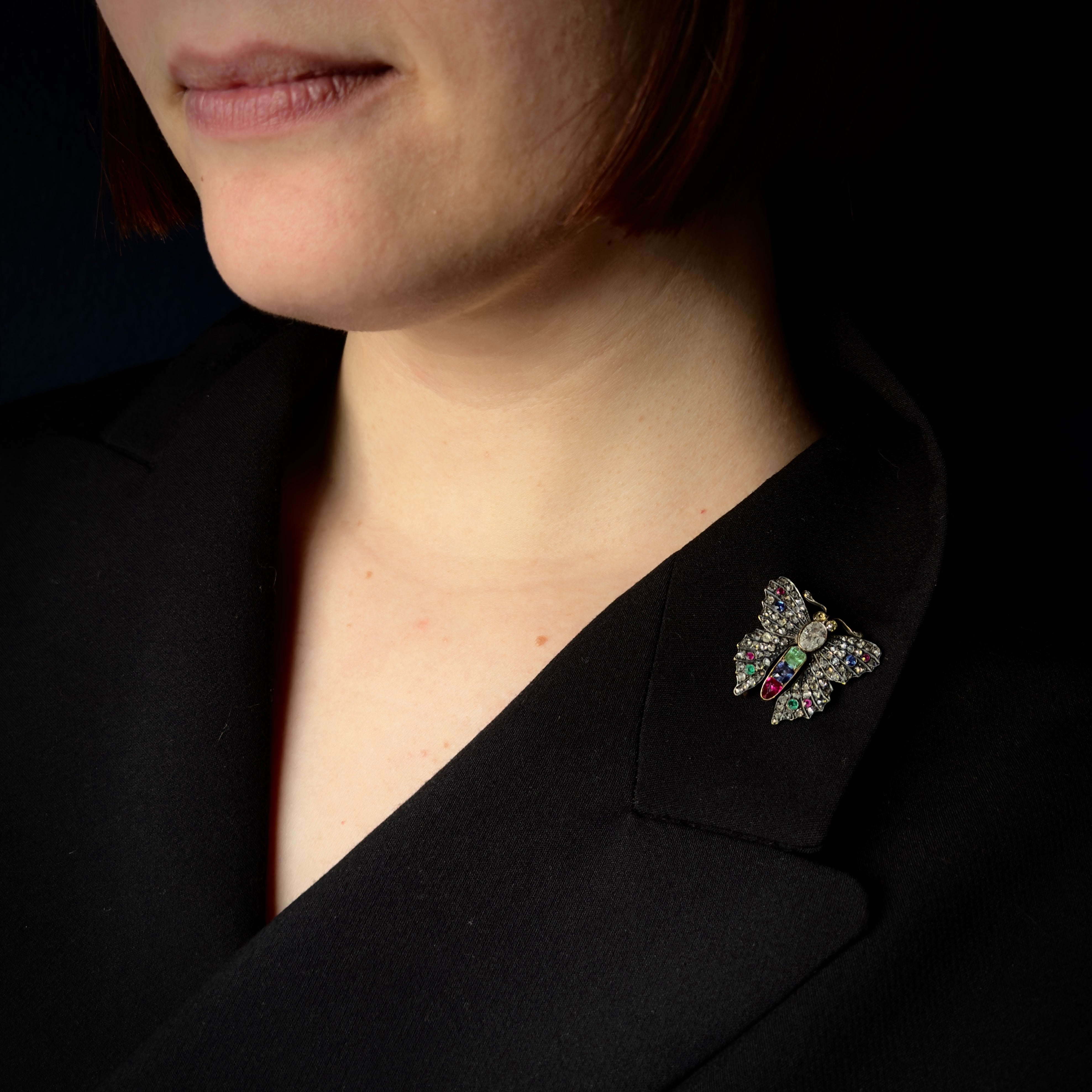 Antique Georgian 14k/Silver-Set Diamond & Gemstone Butterfly Brooch