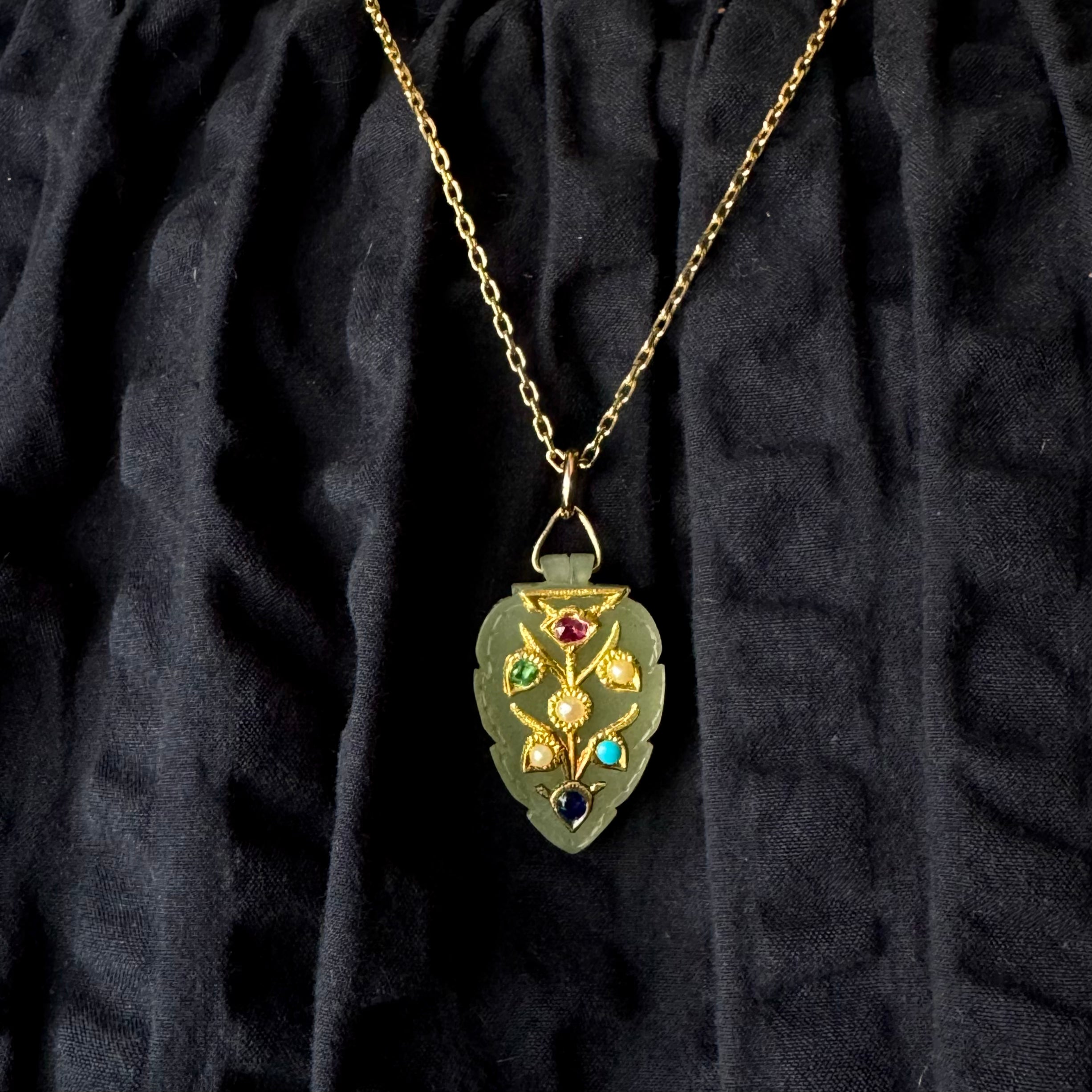 Antique Turn of the Century Indian 14k/22k Jade w/ Gemstone Inlay Pendant