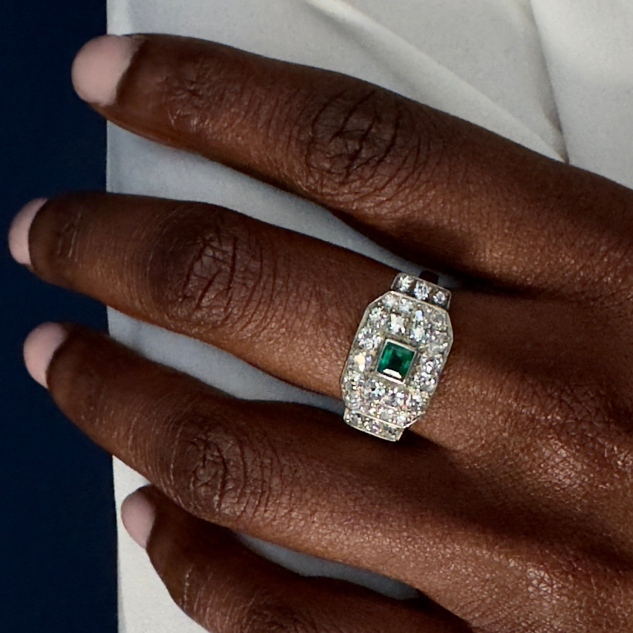 Antique Art Deco Platinum Diamonds & Colombian Emerald Ring